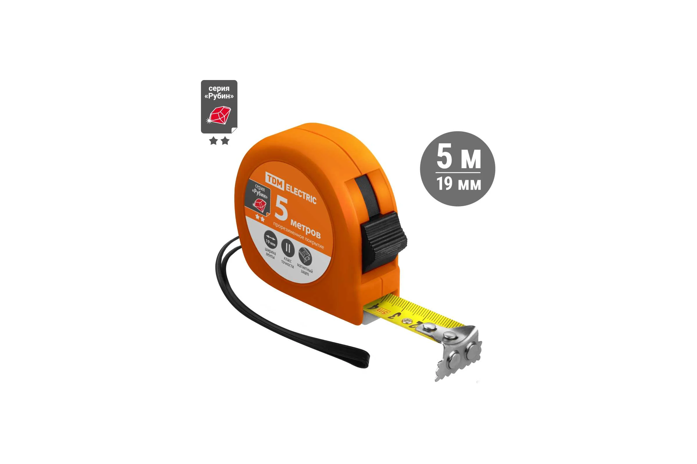 Рулетка TDM ELECTRIC длина 5 м, стальная лента, ширина 19 мм, прорезиненное покрытие, магнит, "Рубин" SQ1018-0106