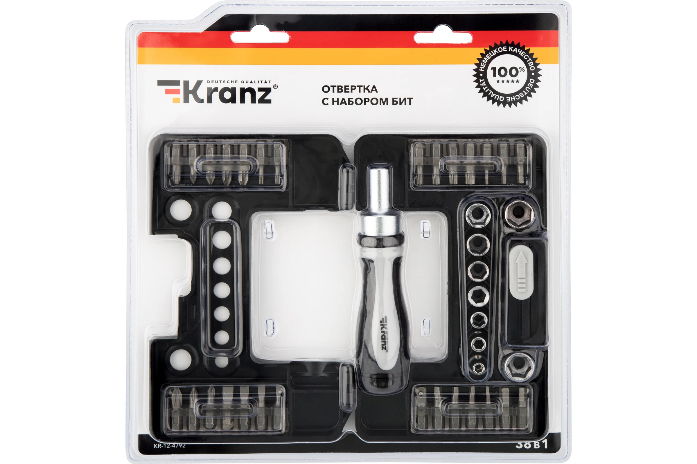 Реверсивная отвертка KRANZ с набором бит и головок, 38 предметов, в кейсе KR-12-4792