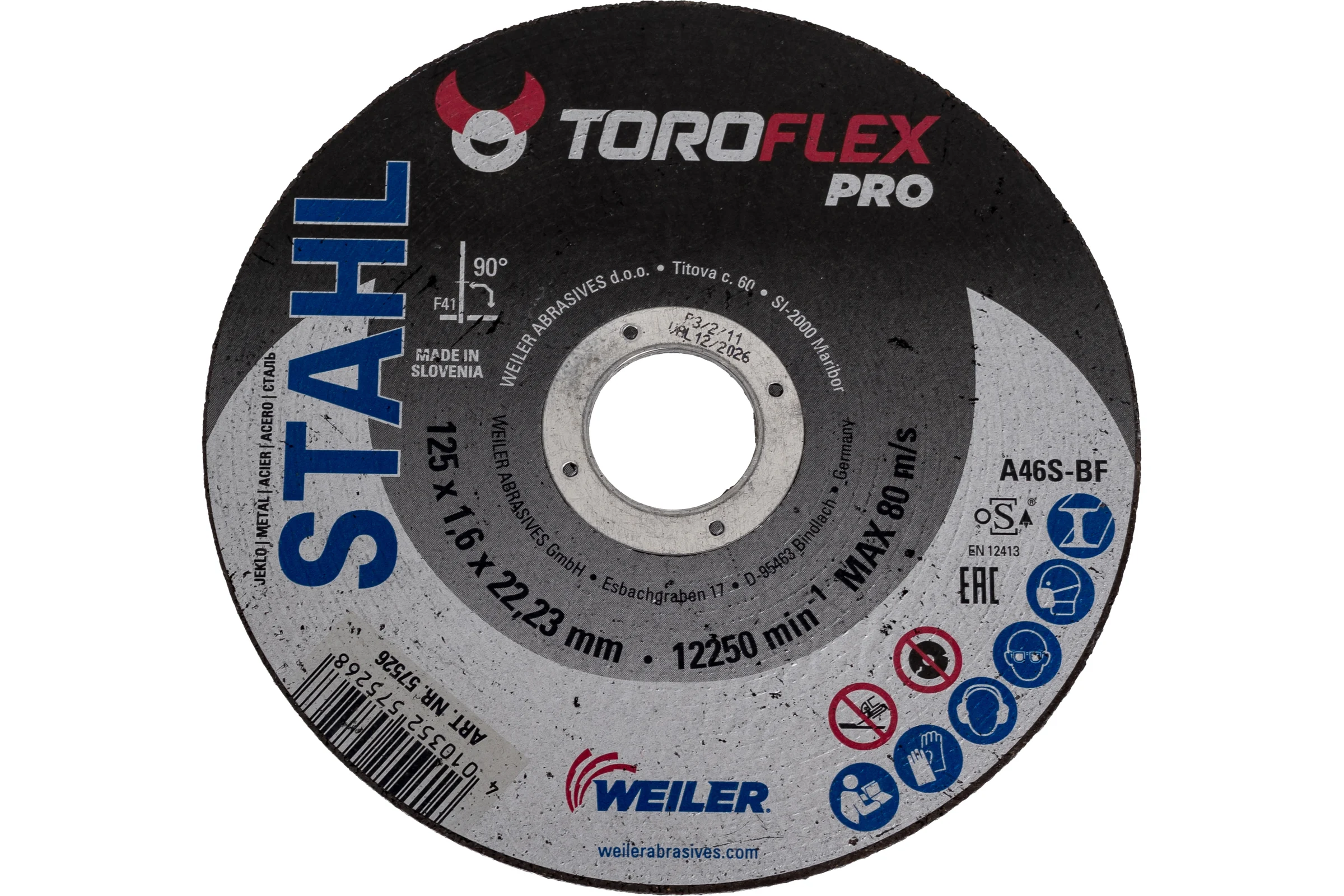 Круг отрезной по стали F41 125х1.6х22.23 мм, А46S-BF PRO TOROFLEX 4010352575268