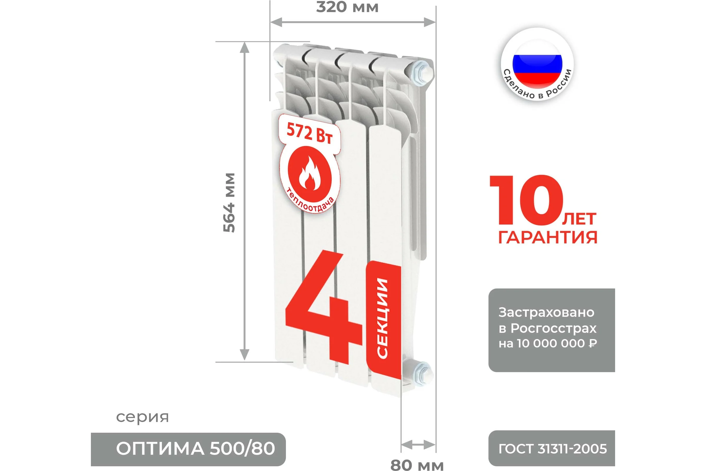 Алюминиевый радиатор Невинномысский Радиаторный Завод серия Оптима 4 секции 500/80 4603335720559