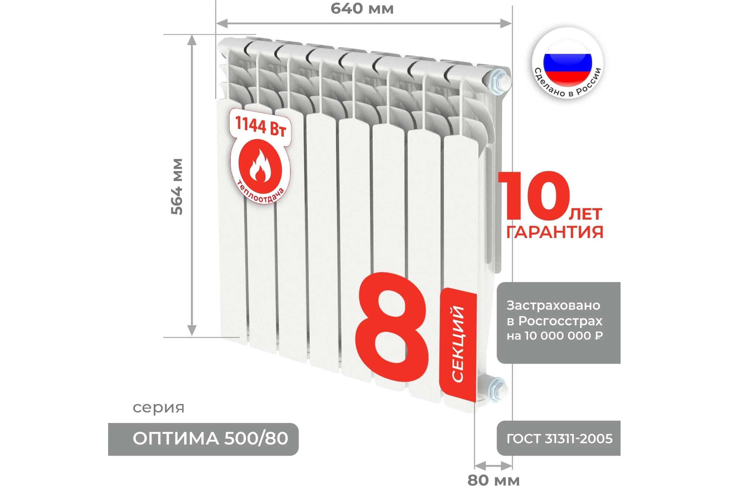 Алюминиевый радиатор Невинномысский Радиаторный Завод серия Оптима 8 секций 500/80 4603335720597