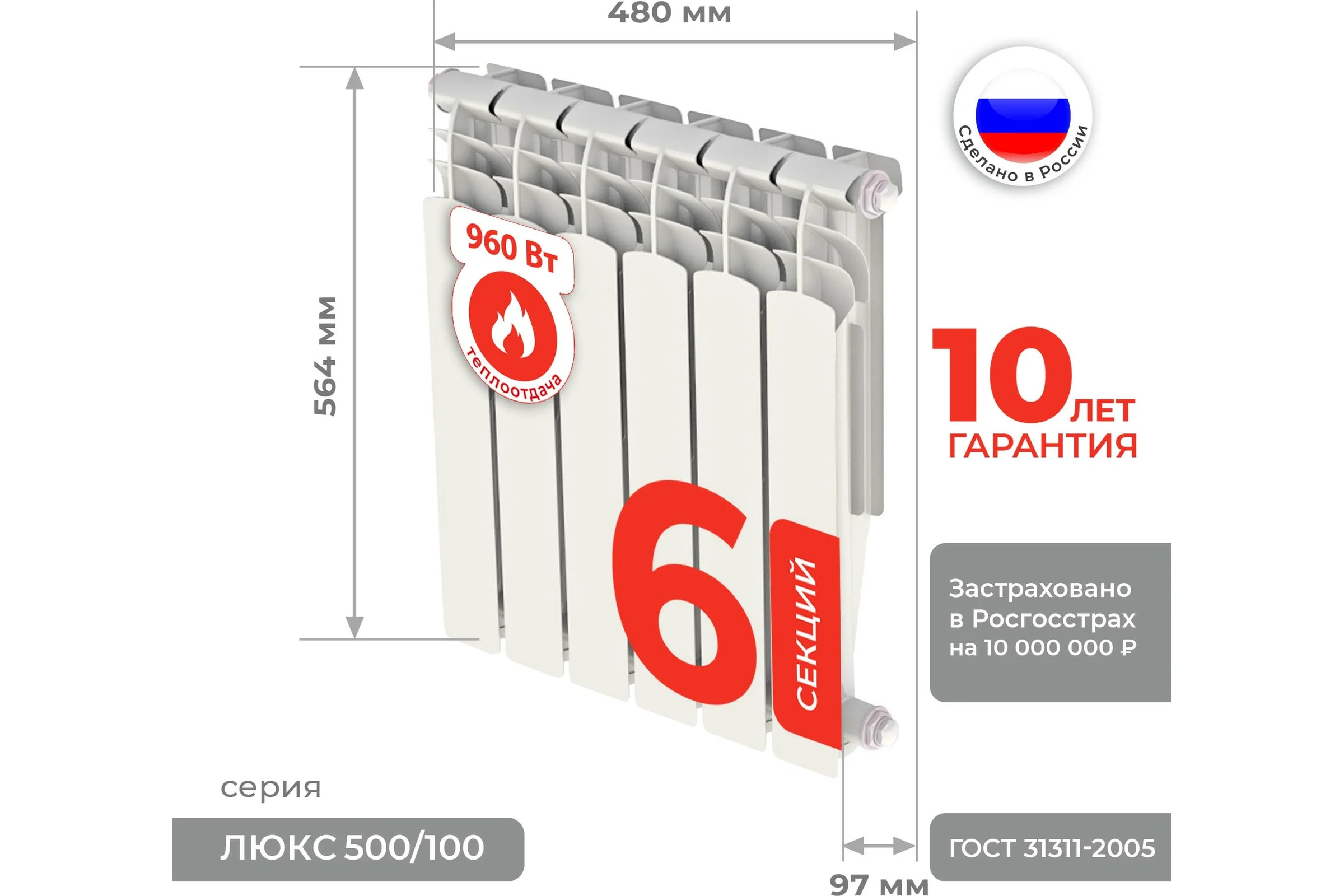Алюминиевый радиатор Невинномысский Радиаторный Завод серия Оптима 6 секций, 500/100 4603335720467