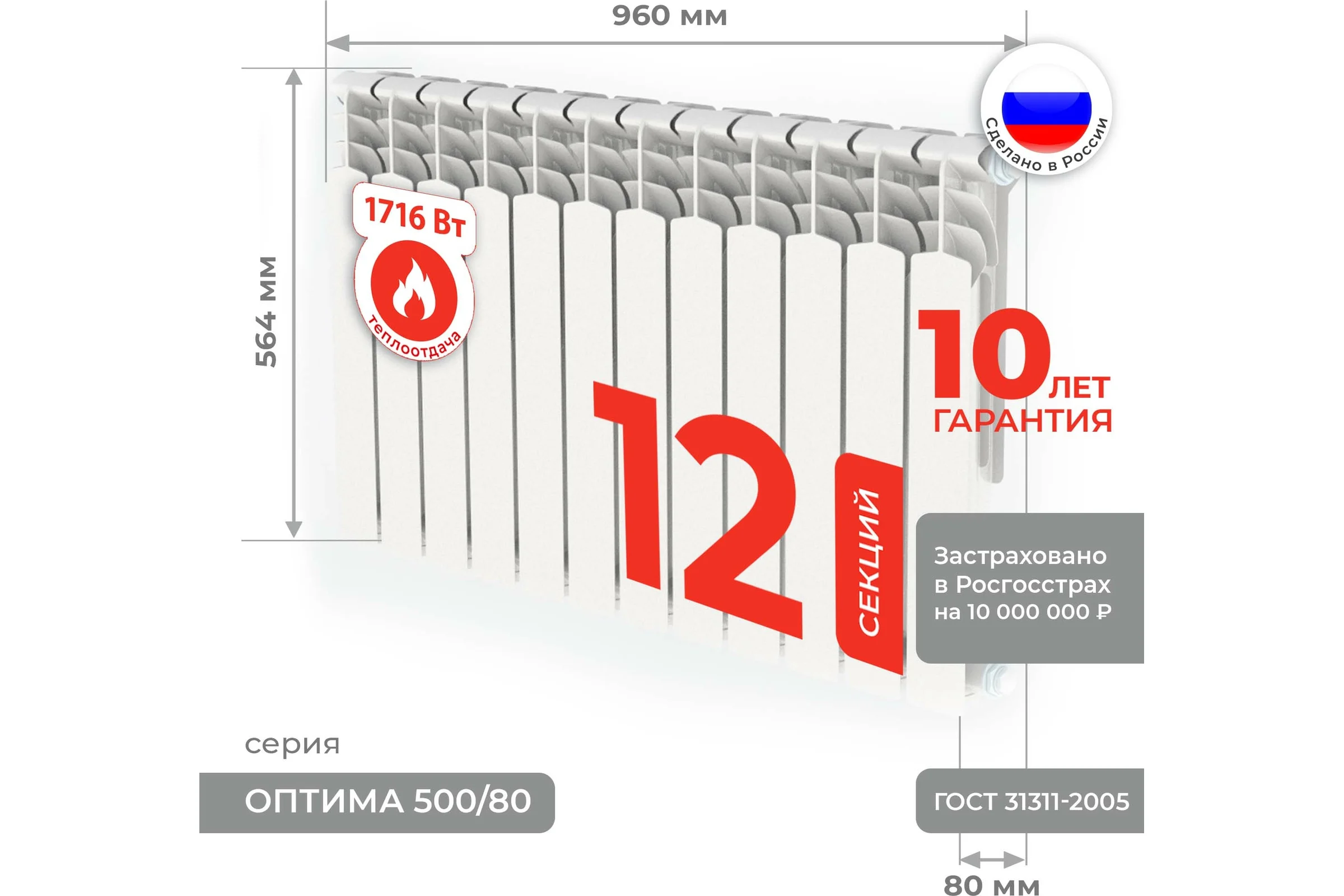 Алюминиевый радиатор Невинномысский Радиаторный Завод серия Оптима 12 секций 500/80 4603335720634