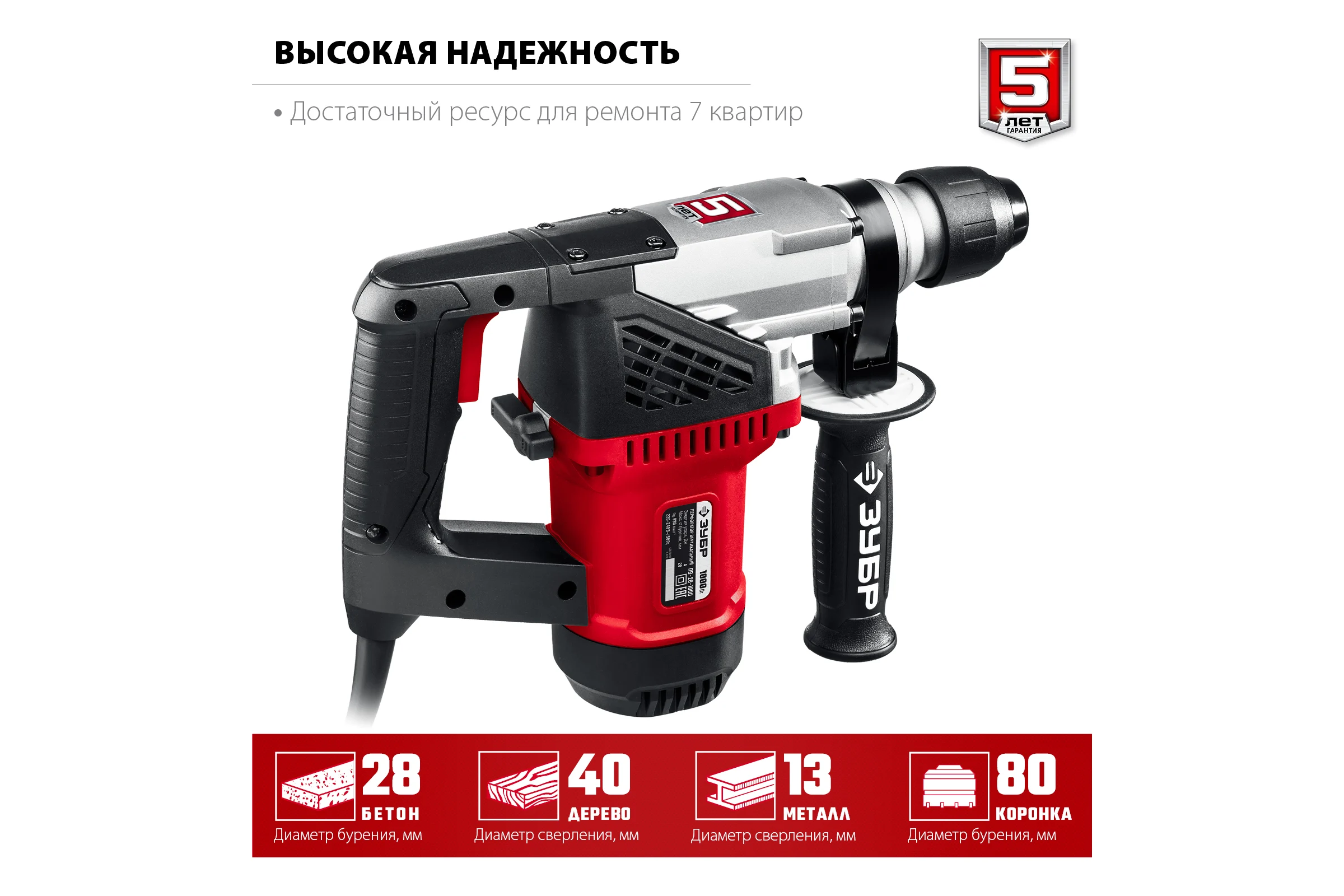 Перфоратор SDS Plus ЗУБР 1000 Вт ПВ-28-1000