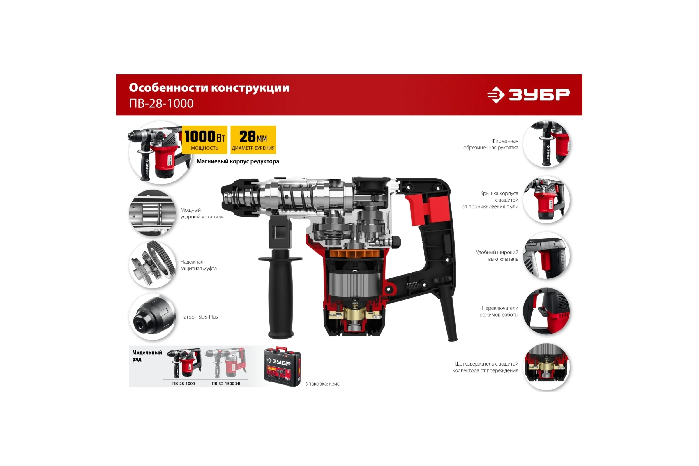Перфоратор SDS Plus ЗУБР 1000 Вт ПВ-28-1000