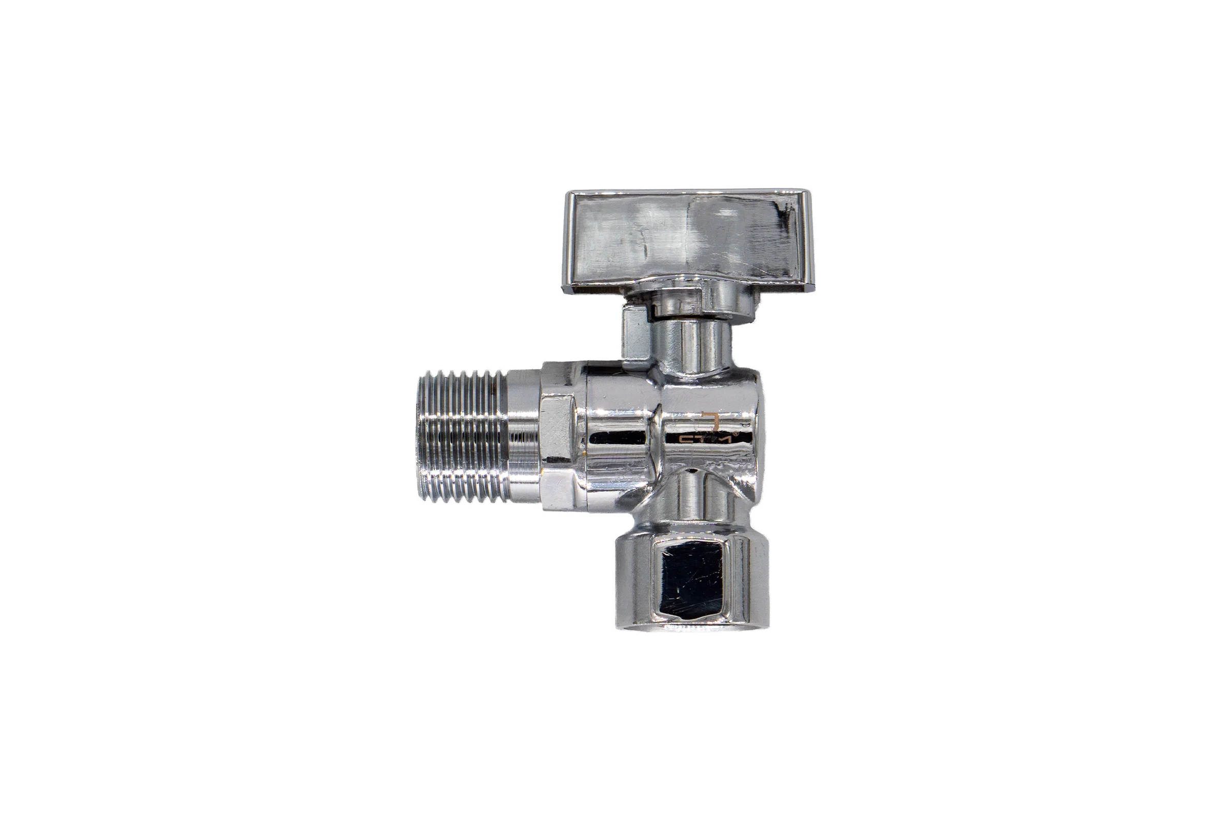 Шаровой кран для бытовых приборов СТМ угловой 1/2"х1/2" г/ш., удлиненная резьба, с отражателем, бабочка, хром CAMF1212