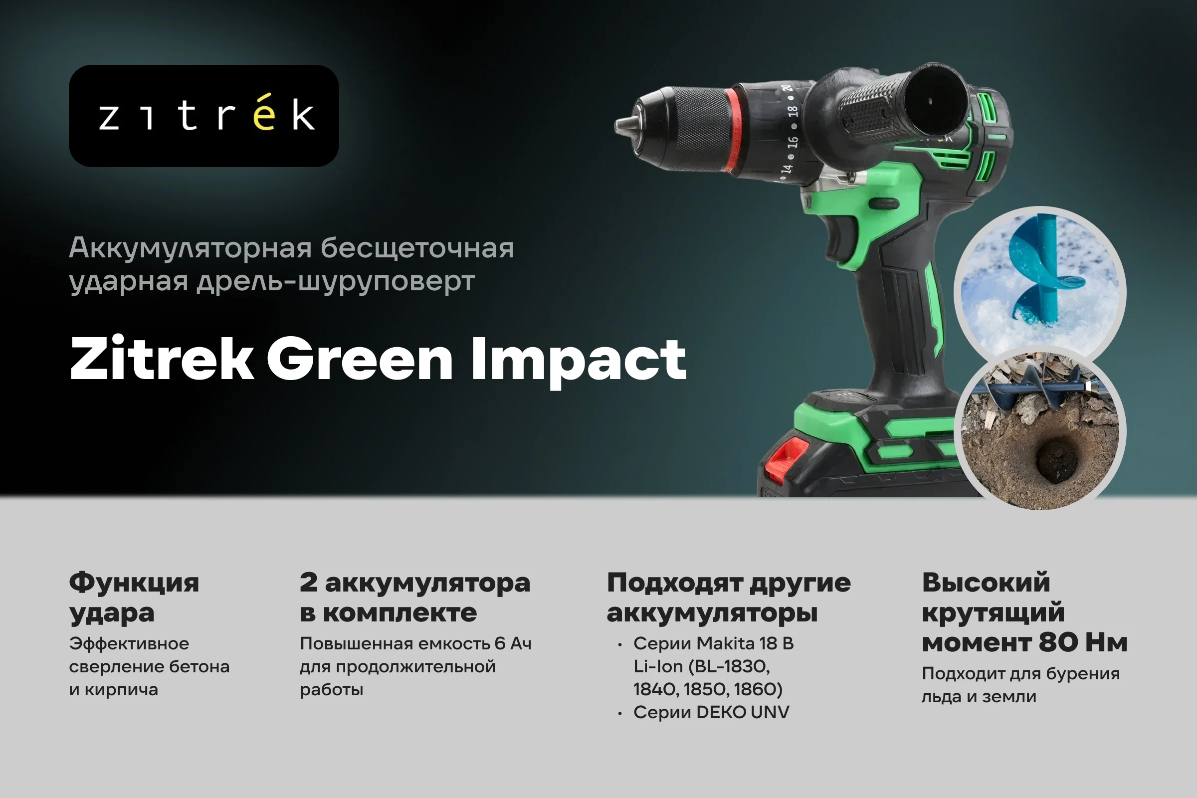 Аккумуляторная ударная дрель-шуруповерт Zitrek Green Impact 18V (18В, Li-ion 2x5.0Ач) 063-4046
