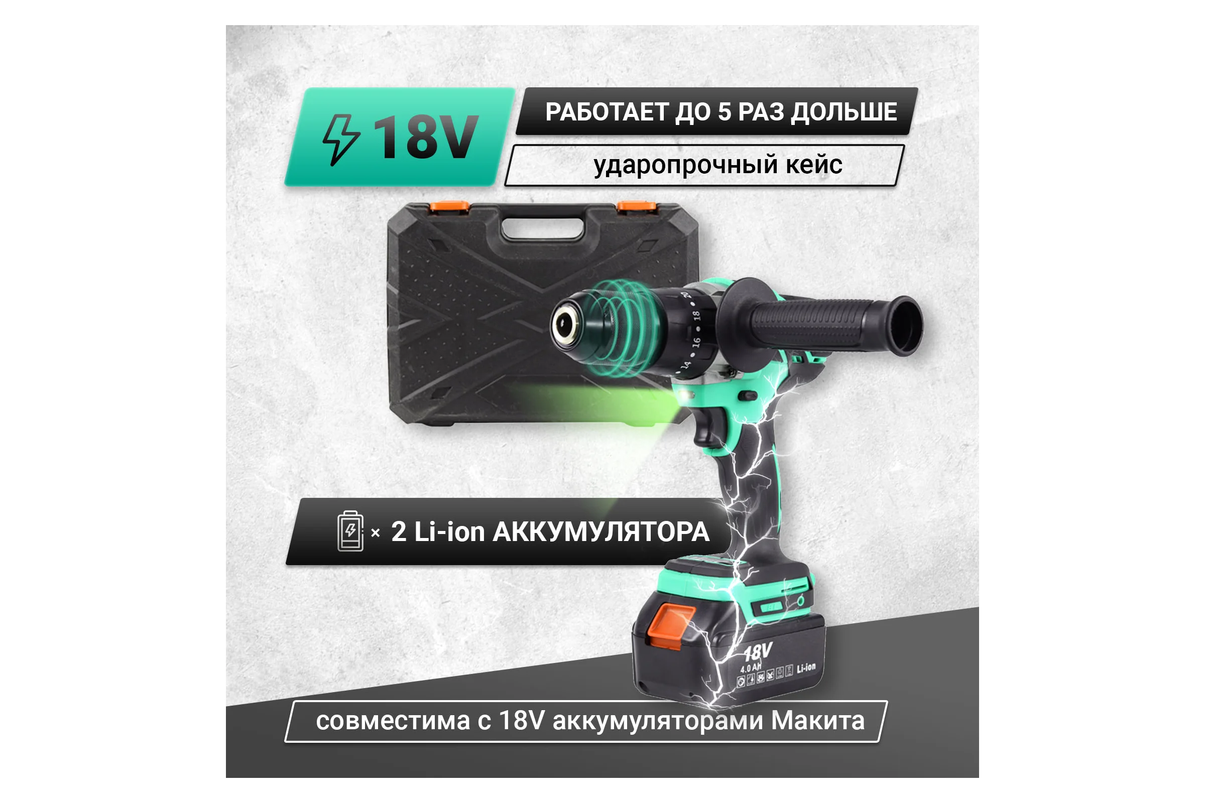 Аккумуляторная бесщеточная ударная дрель-шуруповерт Zitrek Green Impact 18 В, Li-ion 2x4.0 Ач 063-4045