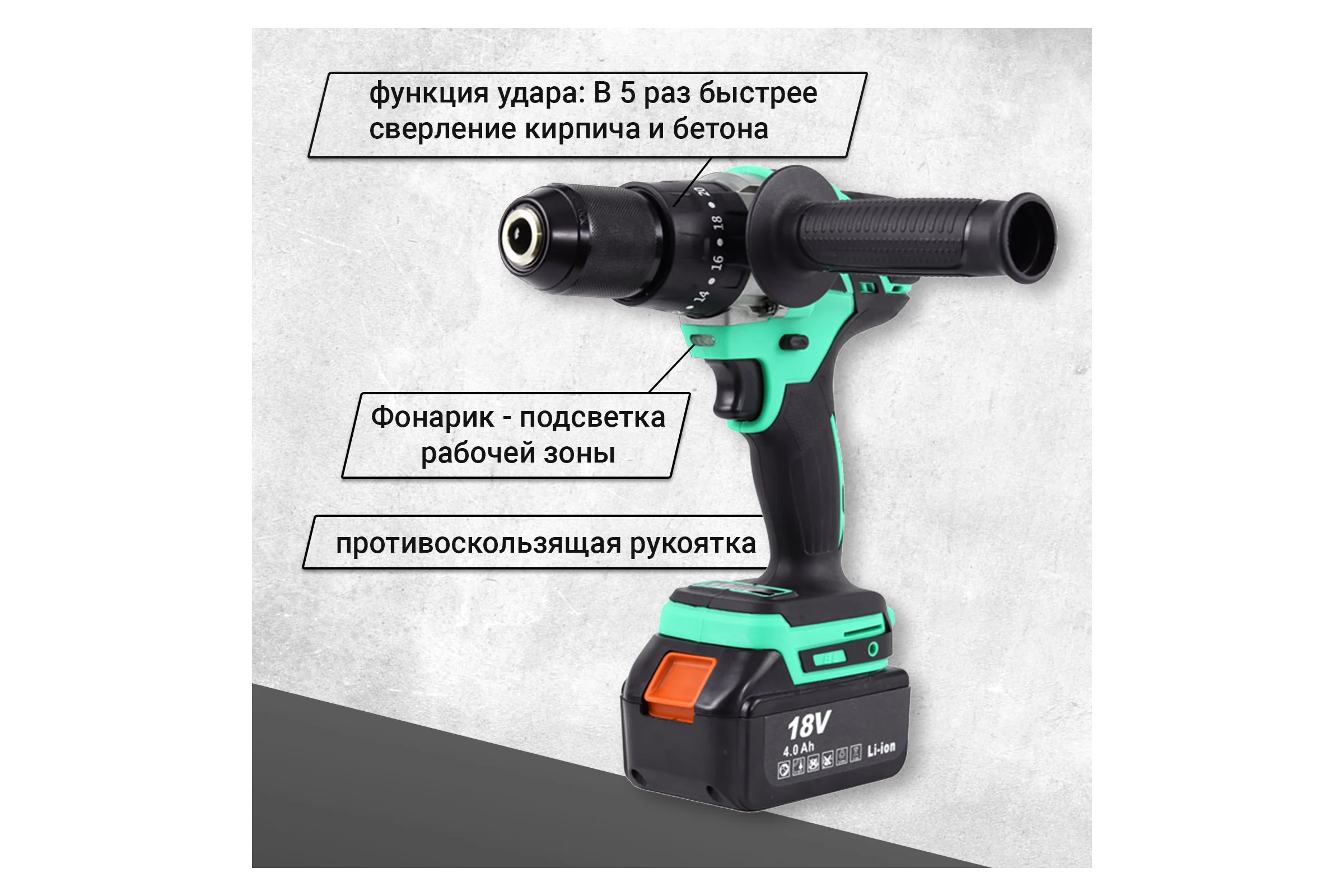 Аккумуляторная бесщеточная ударная дрель-шуруповерт Zitrek Green Impact 18 В, Li-ion 2x4.0 Ач 063-4045