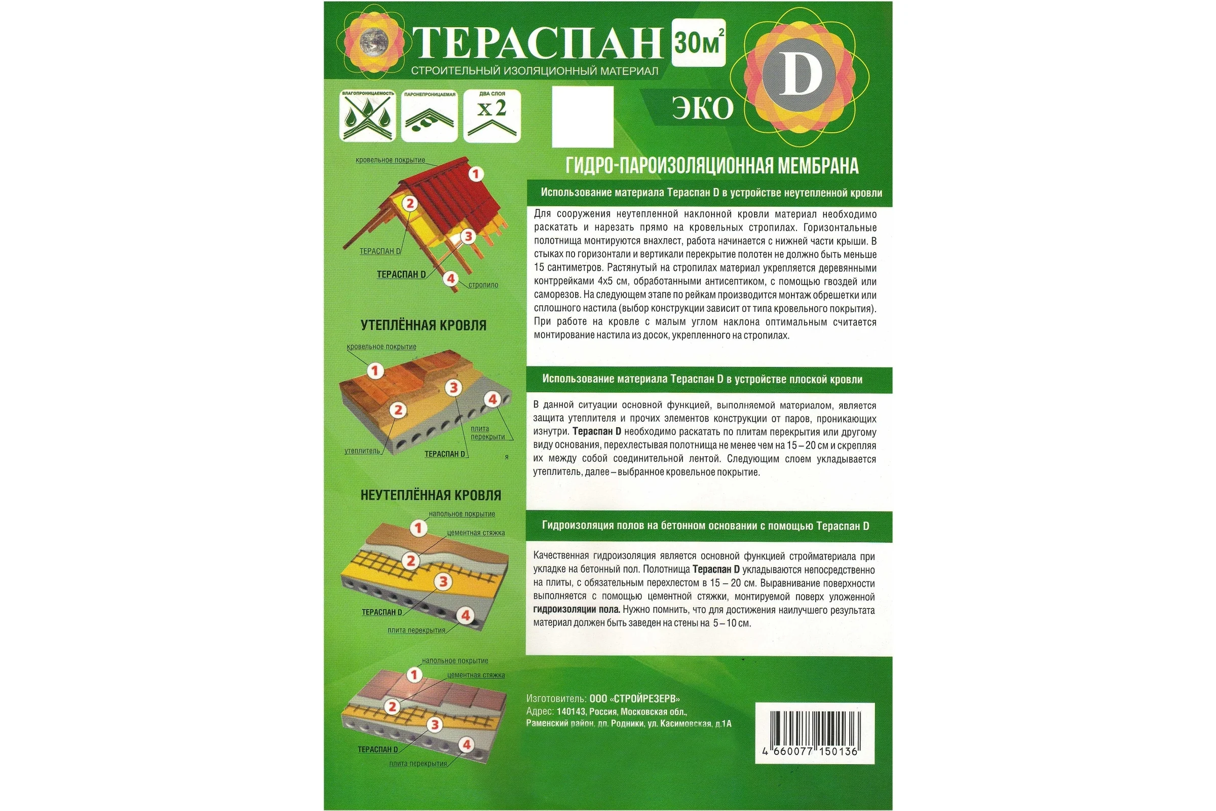 Двухслойный гидро-пароизоляционный материал ТЕРАСПАН Д ЭКО повышенной прочности, 30 кв. м 4660077150136