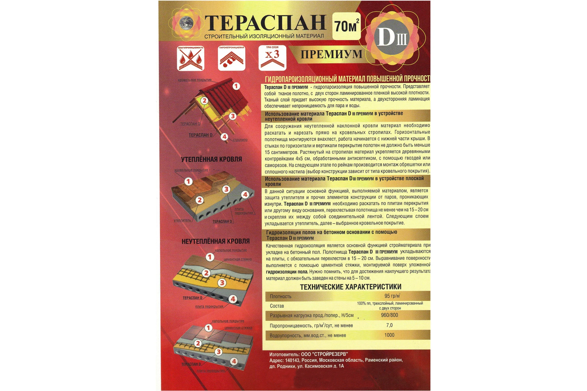 Двухслойный гидро-пароизоляционный материал ТЕРАСПАН Д III ПРЕМИУМ повышенной прочности, 70 кв. м 4660077150433