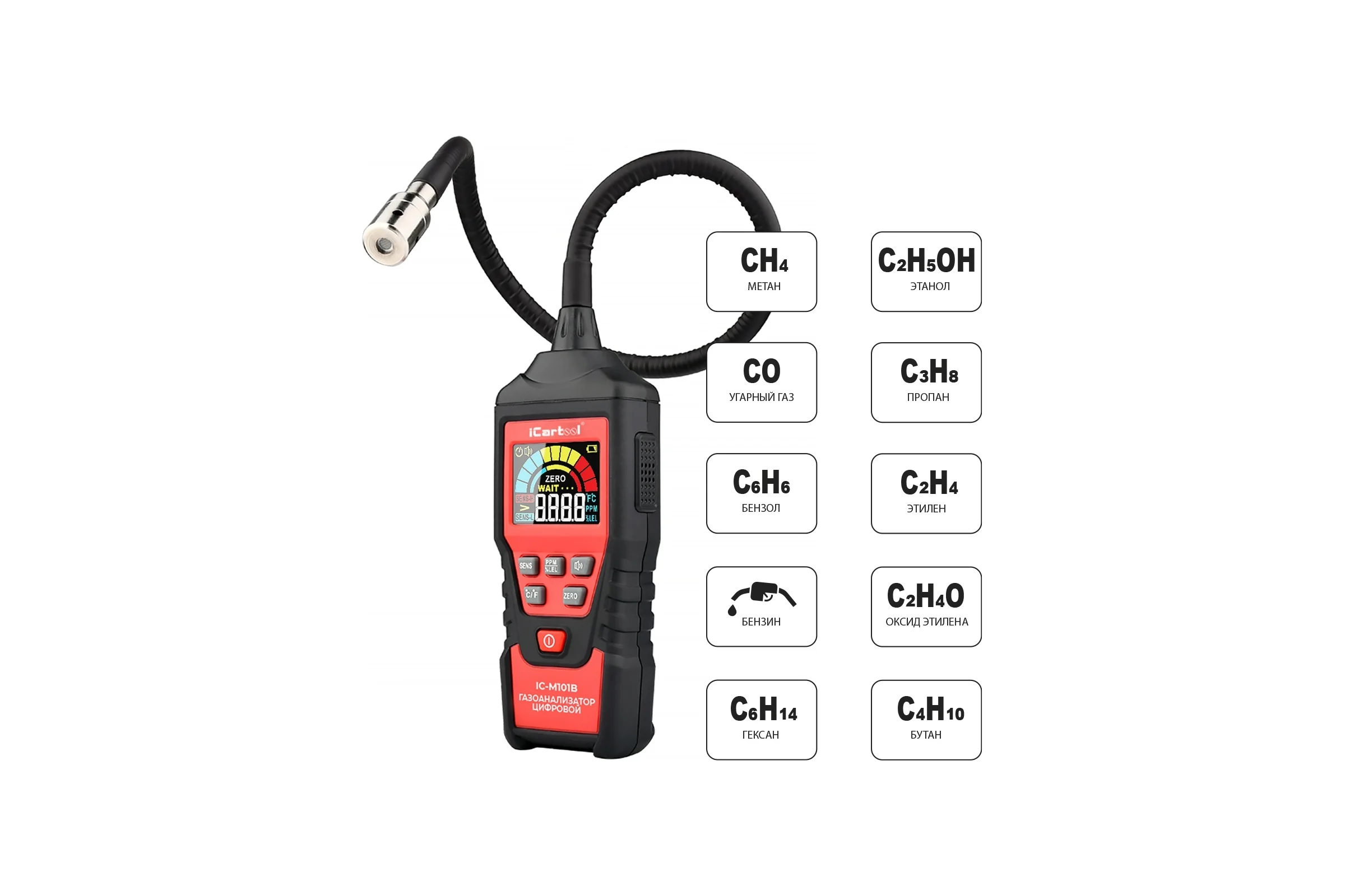 Цифровой детектор утечки взрывоопасных газов iCarTool с зондом, 0-9999 ppm IC-M101B