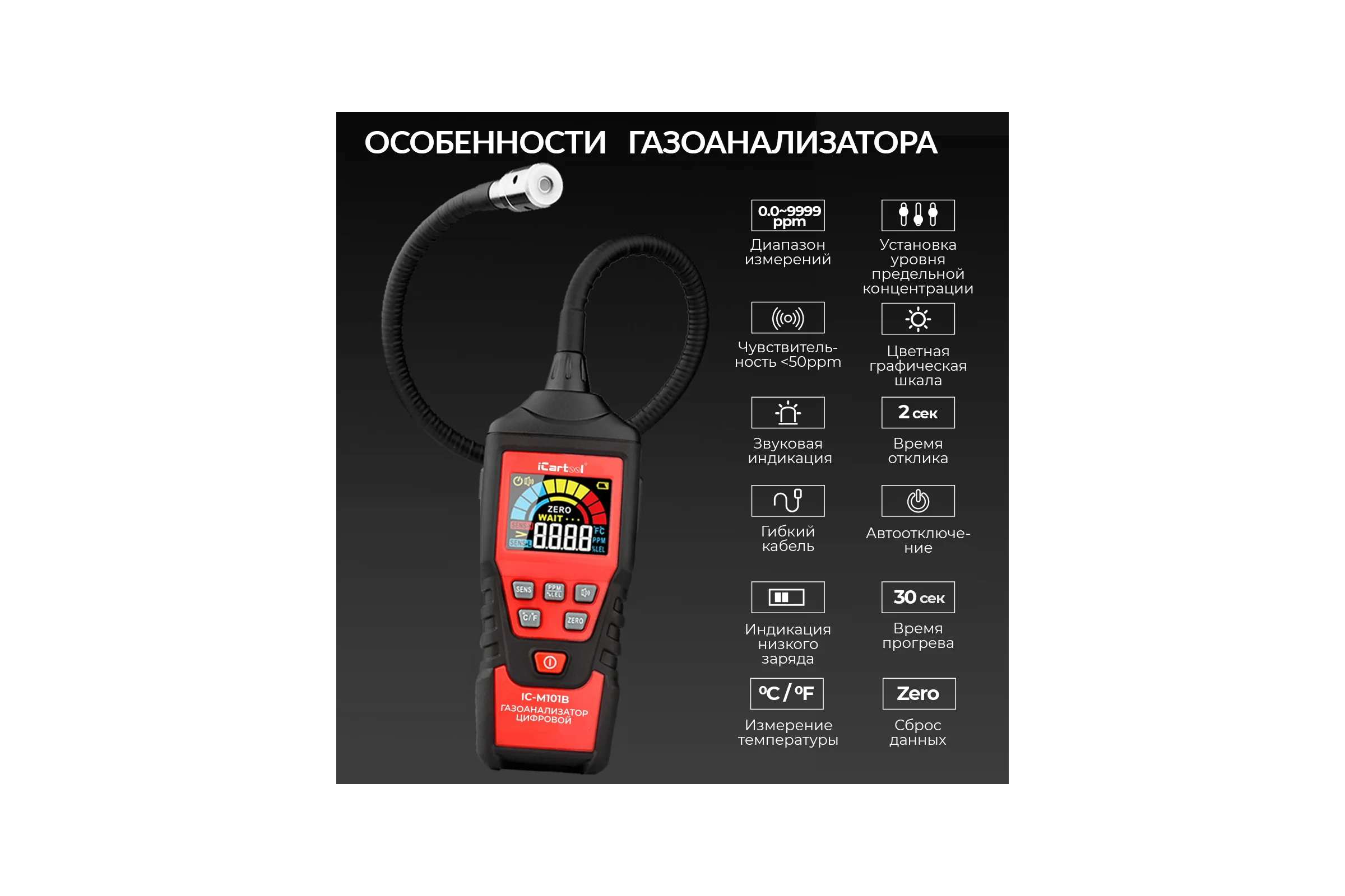 Цифровой детектор утечки взрывоопасных газов iCarTool с зондом, 0-9999 ppm IC-M101B