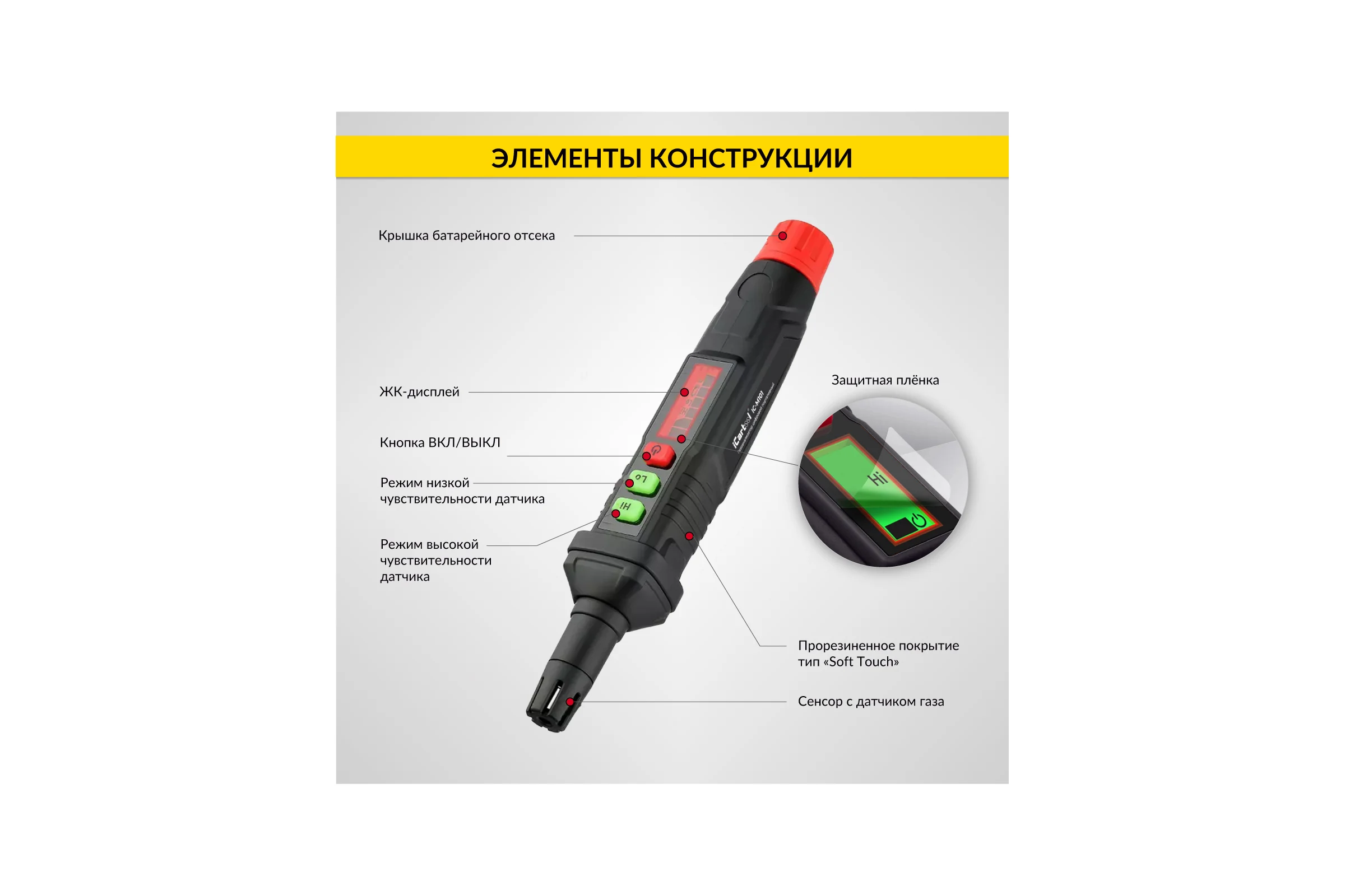Цифровой портативный детектор утечки взрывоопасных газов iCarTool 0-1000 ppm IC-M101