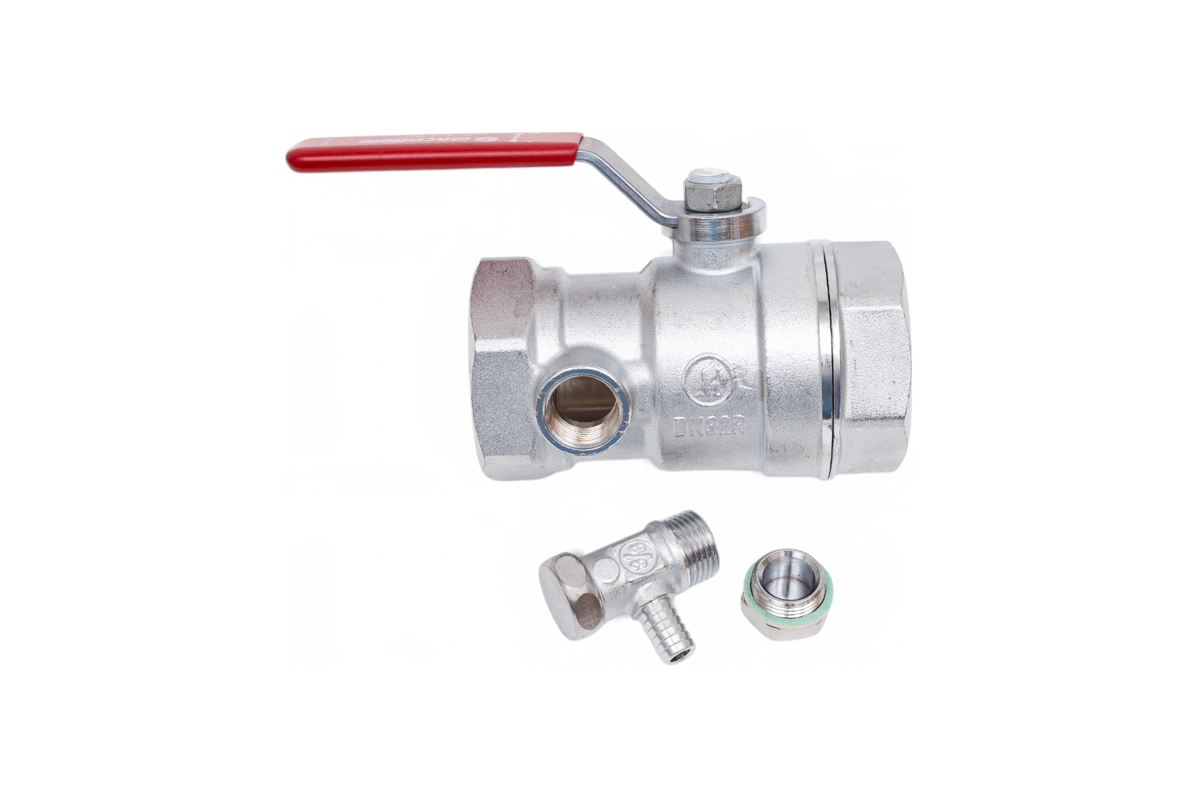 Шаровой кран Giacomini R250DS 1 1/4, ВВ, ручка-рычаг красный, хромированный, со сливом R250SX006