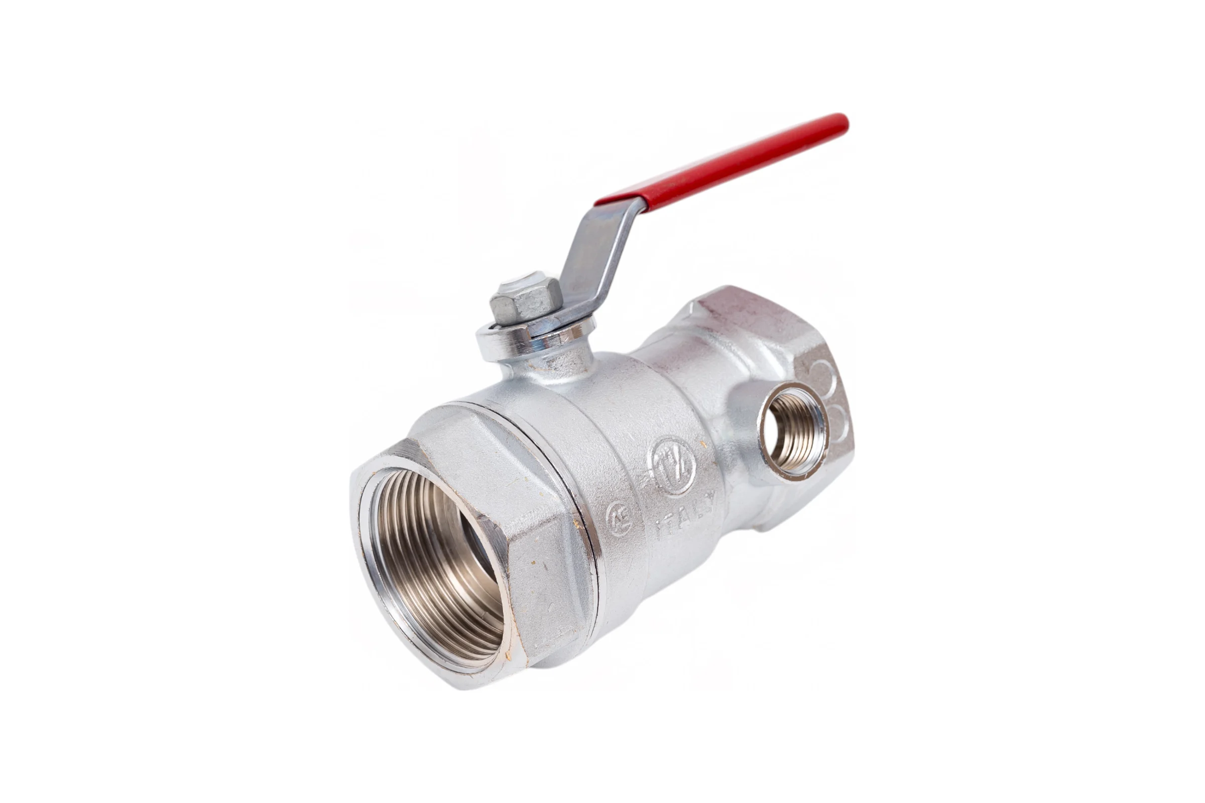 Шаровой кран Giacomini R250DS 1 1/4, ВВ, ручка-рычаг красный, хромированный, со сливом R250SX006