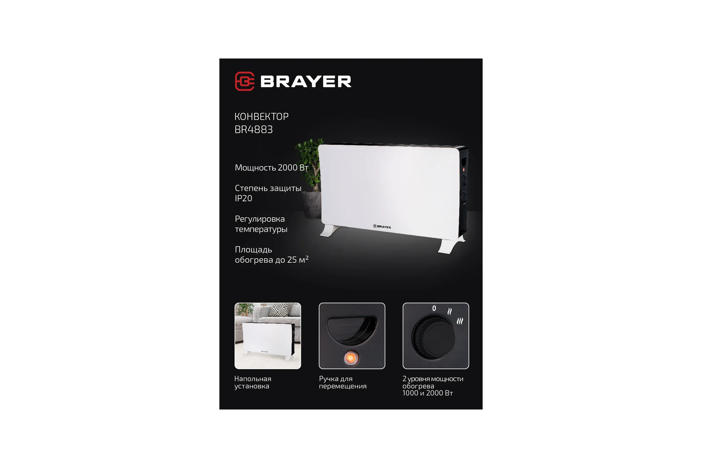 Тепловентилятор конвекторного типа BRAYER 2000 Вт, BR4883