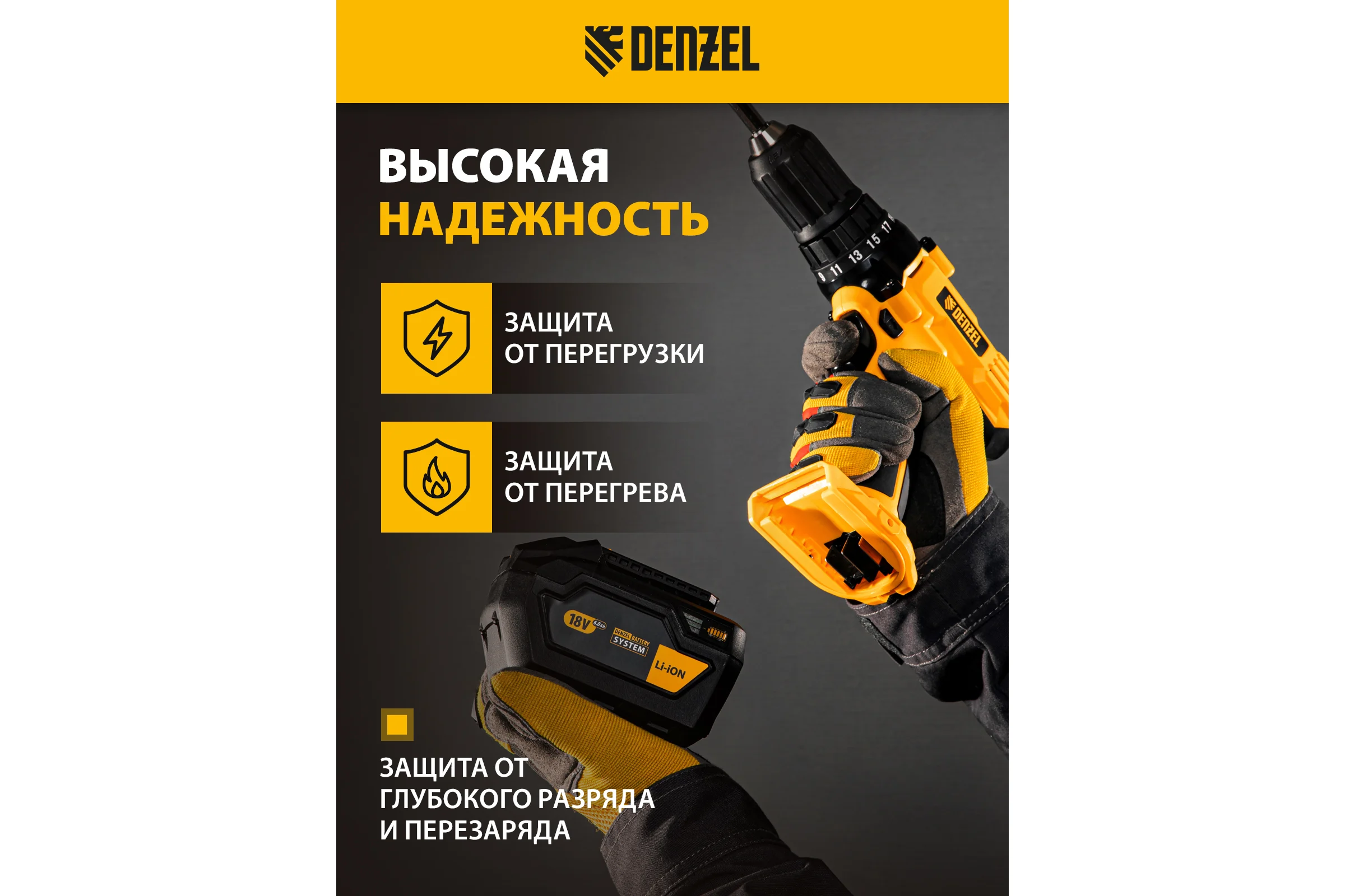 Батарея аккумуляторная B-18-6.0, Li-Ion, 18 В, 6.0 Ач DENZEL 28436