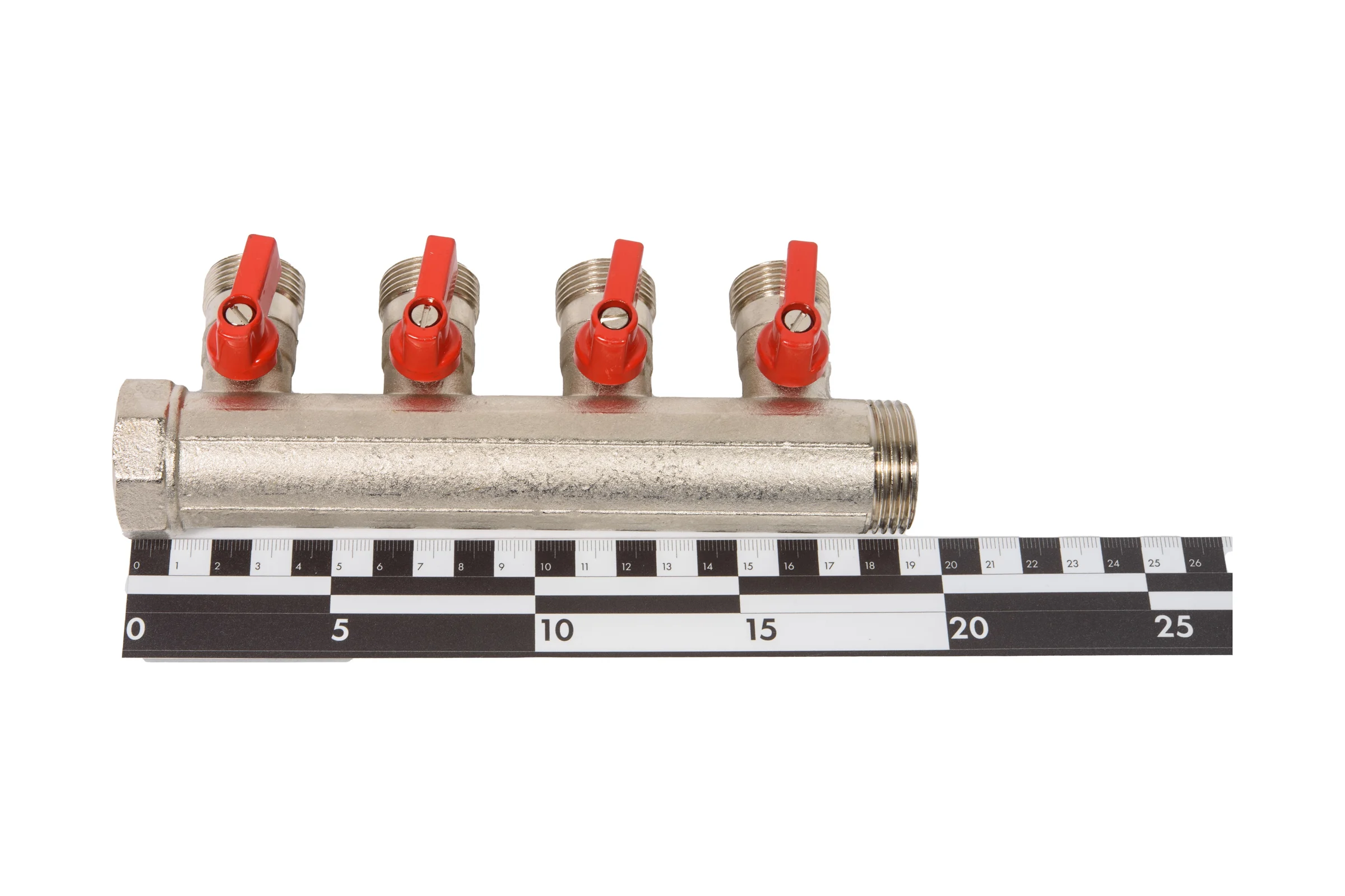 Коллектор HENCO 1" с красными шаровыми кранами, 3/4"НР евроконус, 1"-4xEK14,16,18,20 VB060504-ROOD