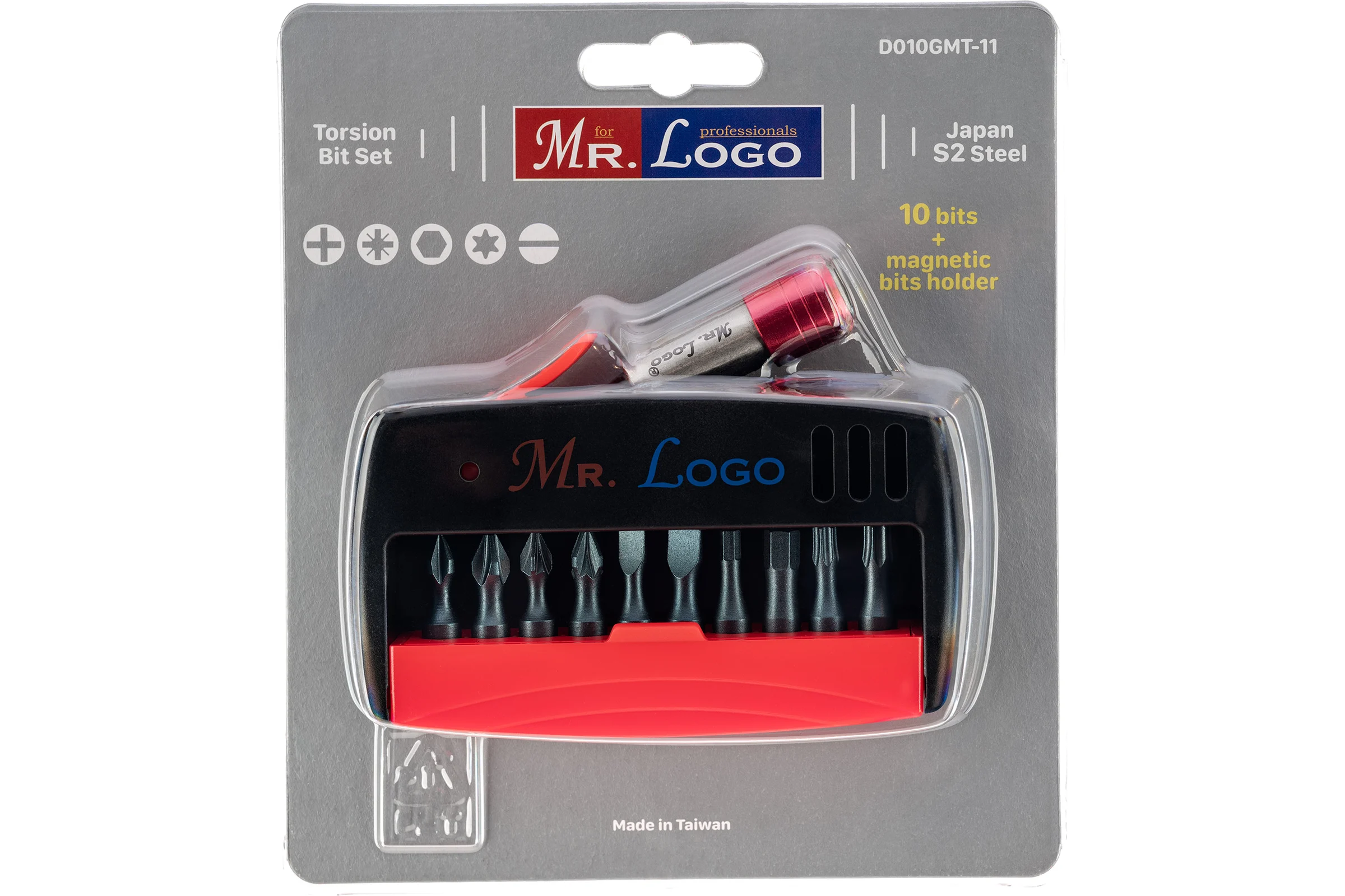 Набор торсионных бит 10 шт + магнитный держатель 65 мм Mr. Logo D010GMT-11