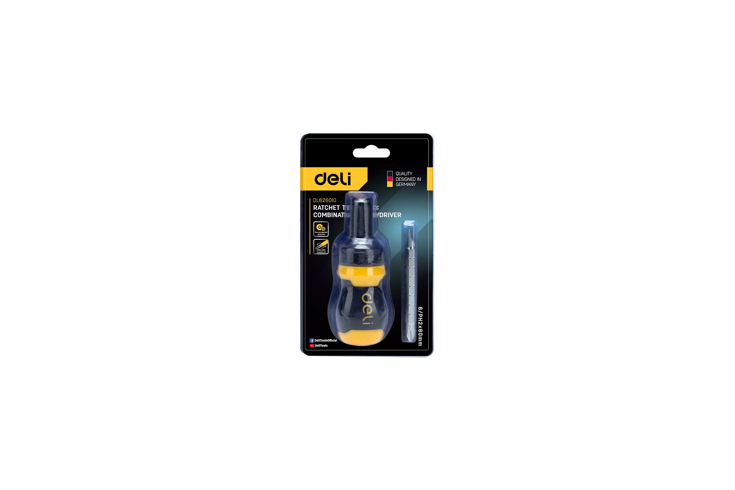 Двухсторонняя отвертка DELI с трещоткой, PH2+SL6 DL626010 (Cr-V, регулируемая длина 110-150мм, диаметр хвостовика 6мм) 98381