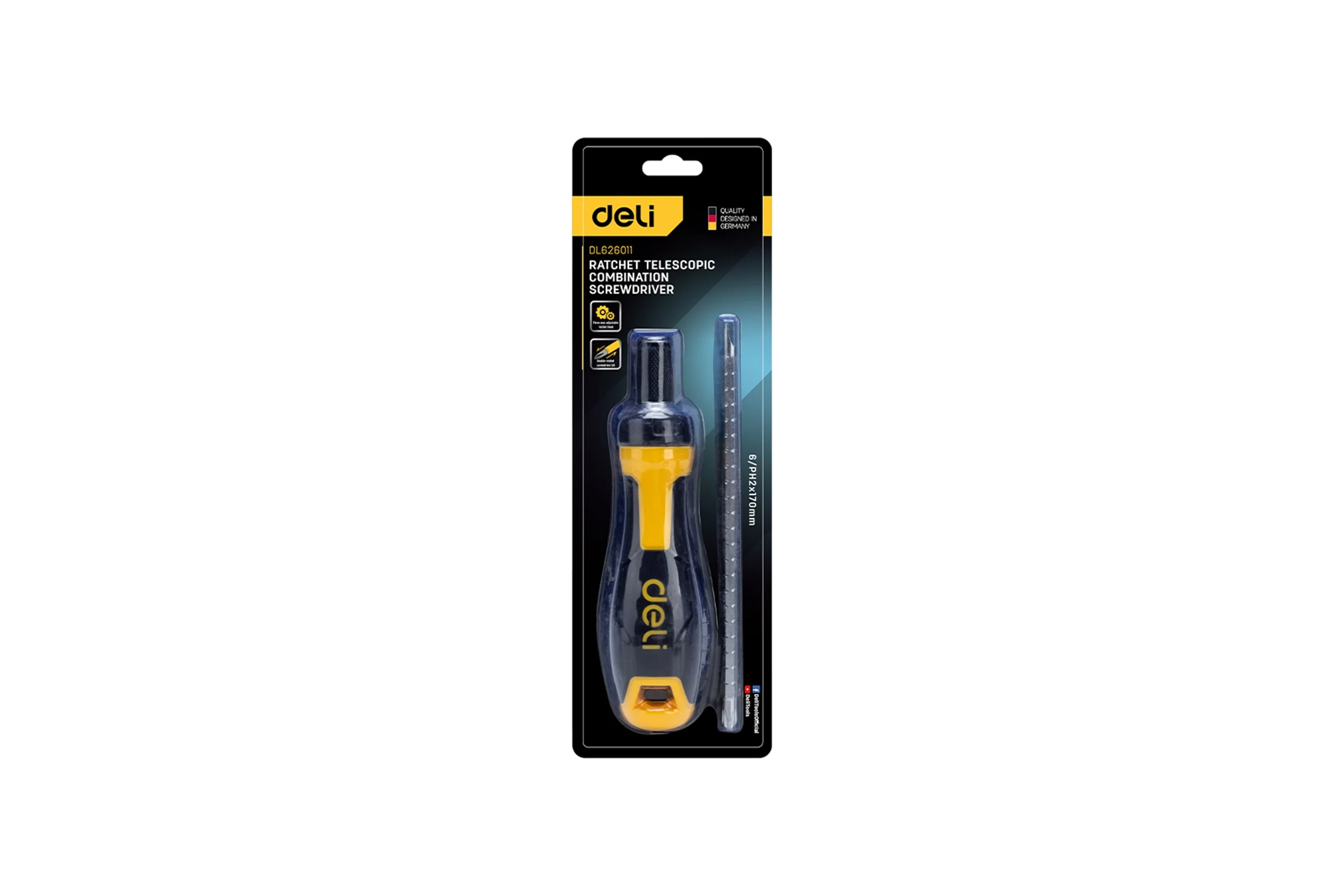 Двухсторонняя отвертка DELI DL626011 с трещоткой, PH2+SL6 180 мм 98383