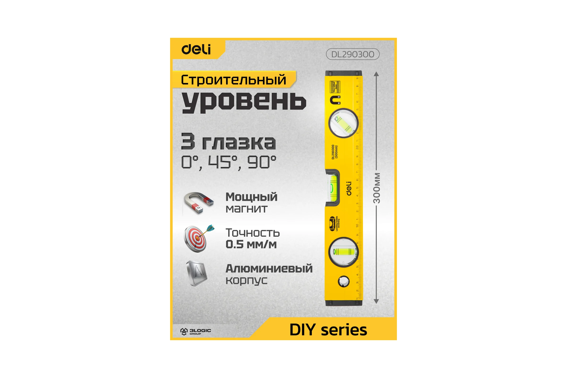 Строительный уровень пузырьковый DELI 300мм DL290300 (3 глазка, магнит, отверстия для подвеса) 98290