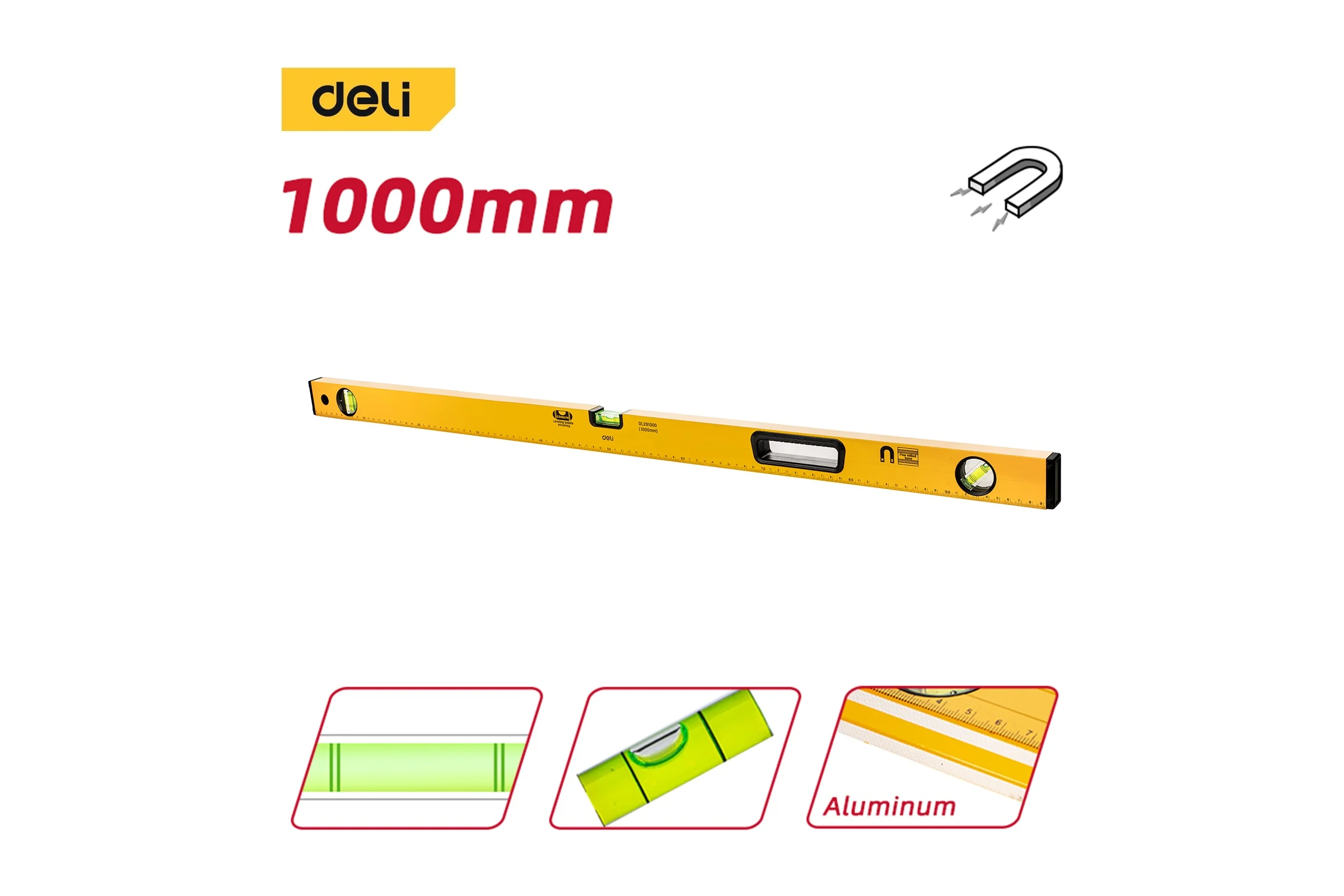 Строительный уровень DELI 1000мм DL291000 (3 глазка, магнит, отверстия для подвеса) 98295