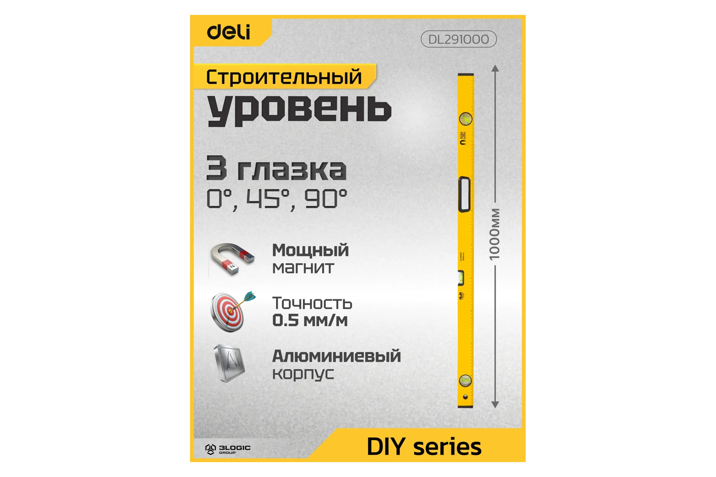 Строительный уровень DELI 1000мм DL291000 (3 глазка, магнит, отверстия для подвеса) 98295