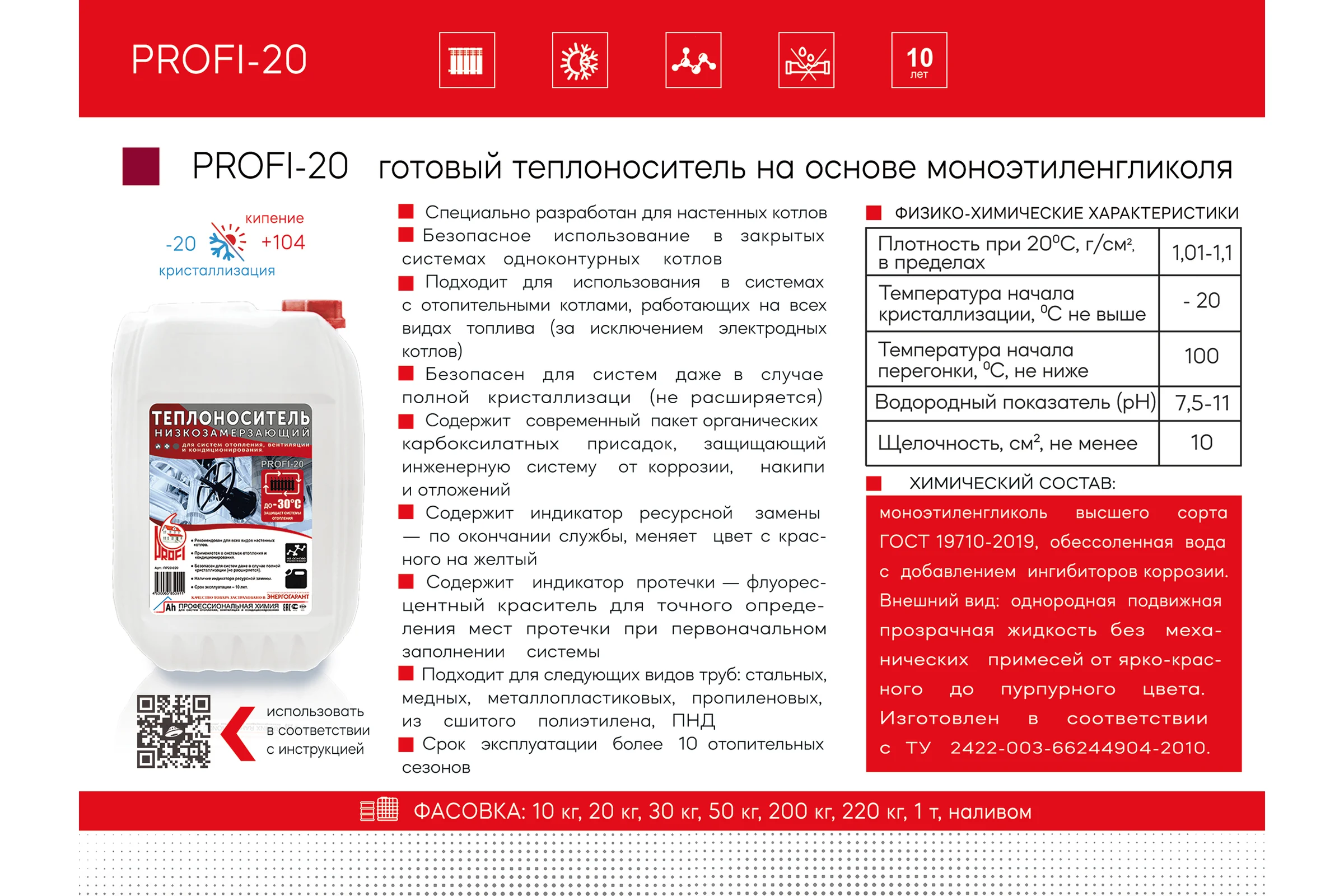 Теплоноситель PROFI "20" на основе этиленгликоля, в канистре 20кг ПР20-020