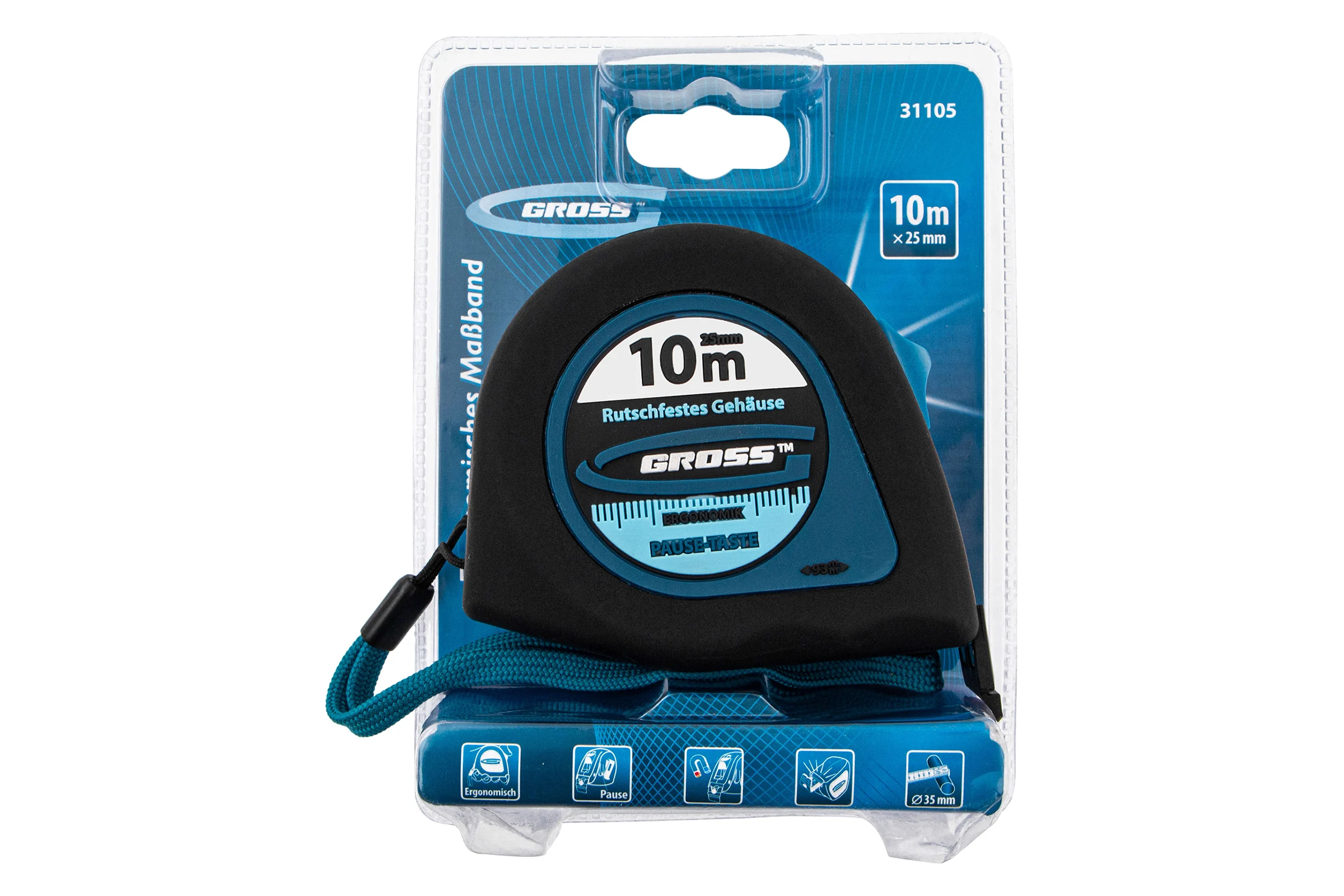 Рулетка GROSS Ergonomisch 10 м x 25 мм, магнитный обрезиненный зацеп 31105