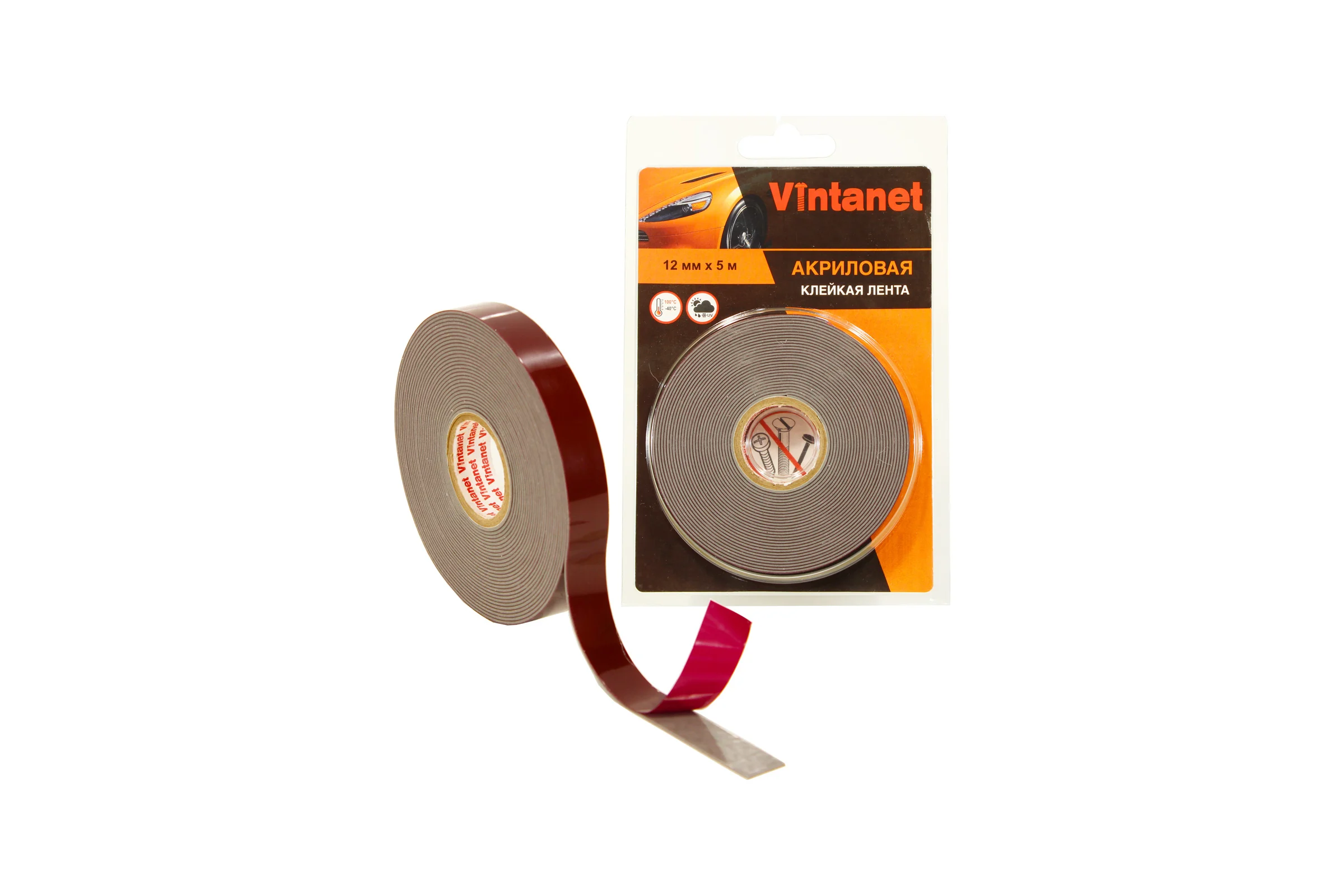 Клейкая двусторонняя акриловая лента Vintanet VN8049, цвет серый, 12 мм х 5 м VN8049125