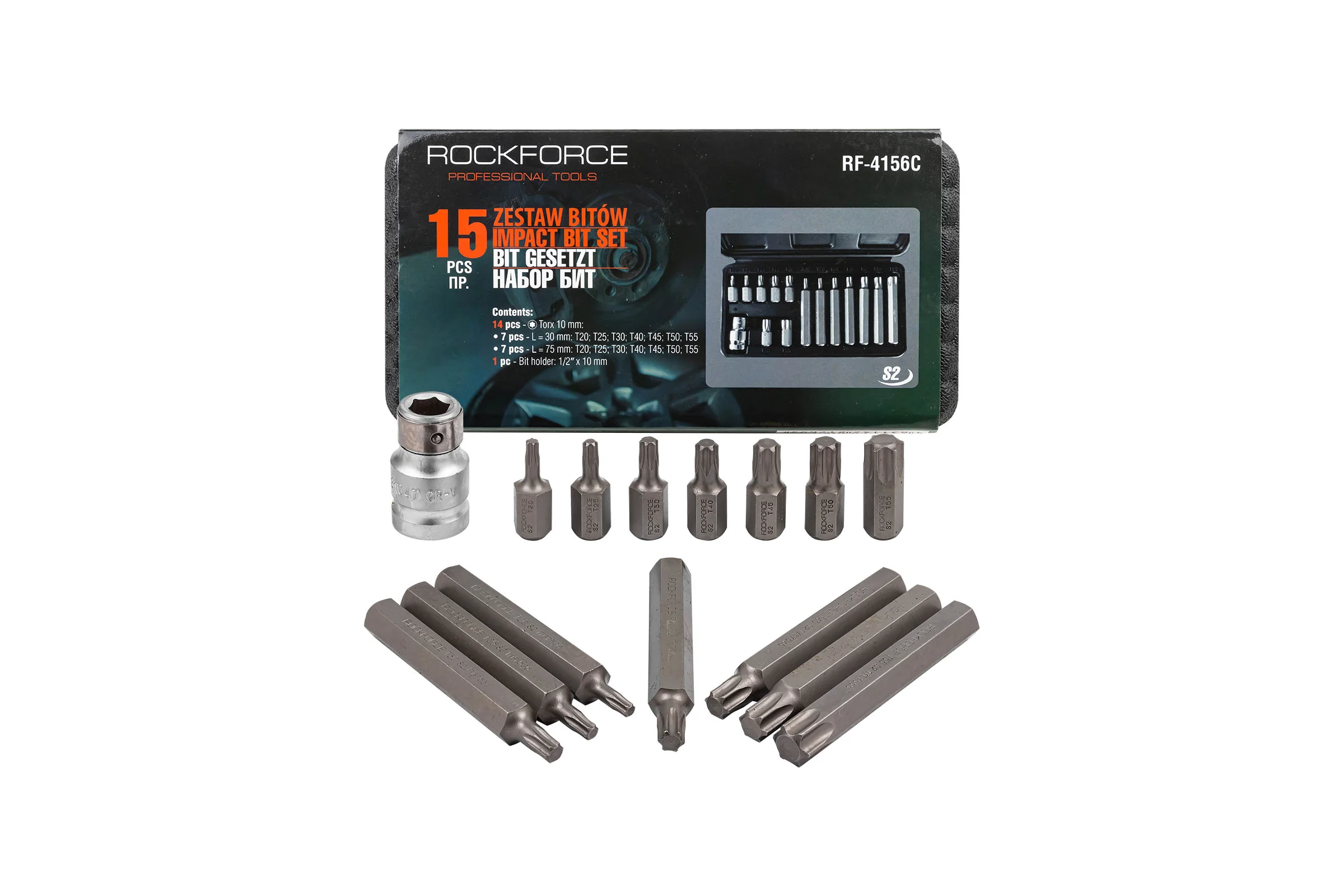 Набор бит TORX с битодержателем (15 предметов; 1/2"; в кейсе) Rockforce RF-4156/C/(27210)