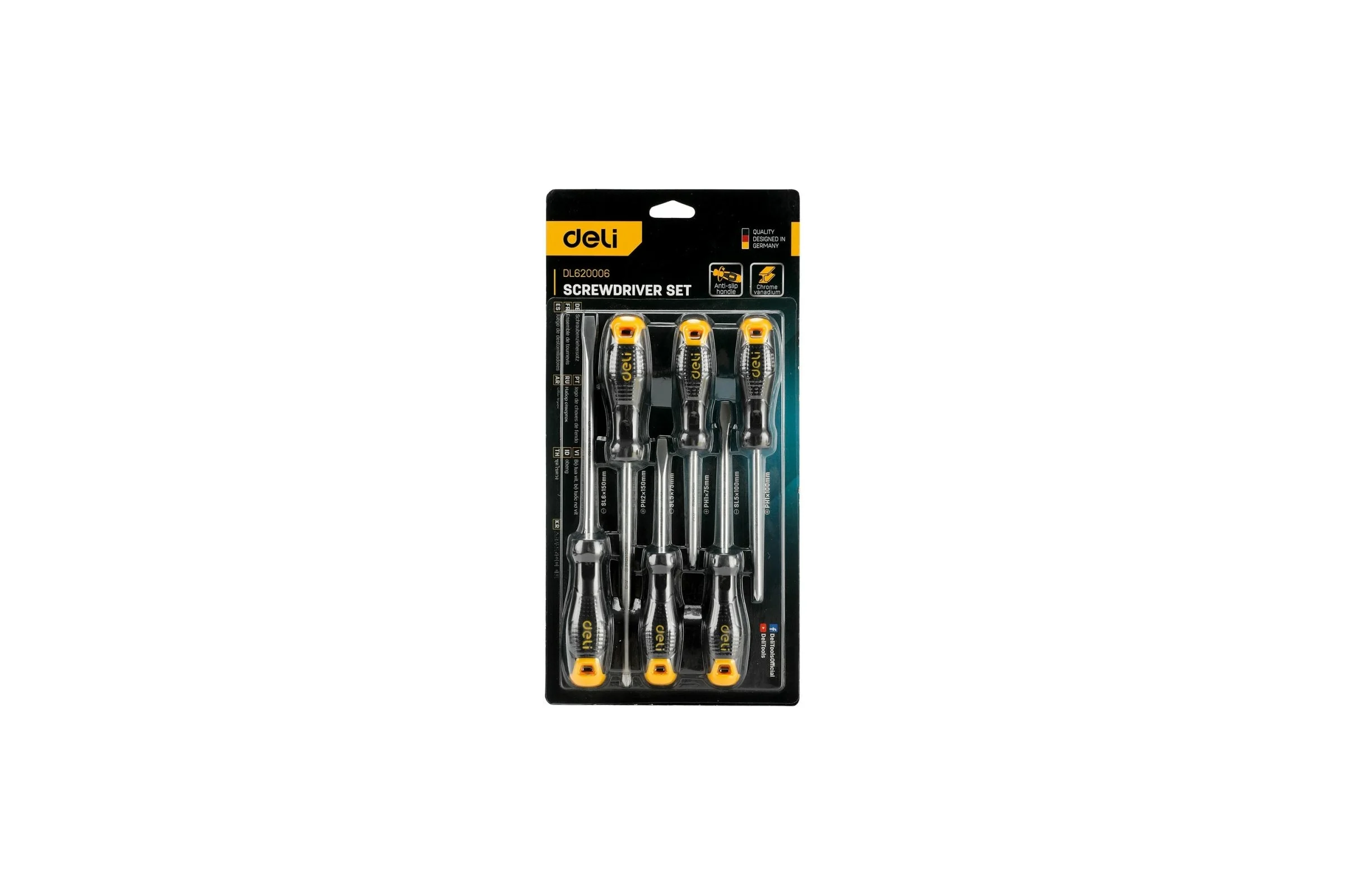 Набор отверток DELI dl620006 SL5x75, SL5x100, SL6x150, PH1x75, PH1x100, PH2x150, 6 шт. 104547