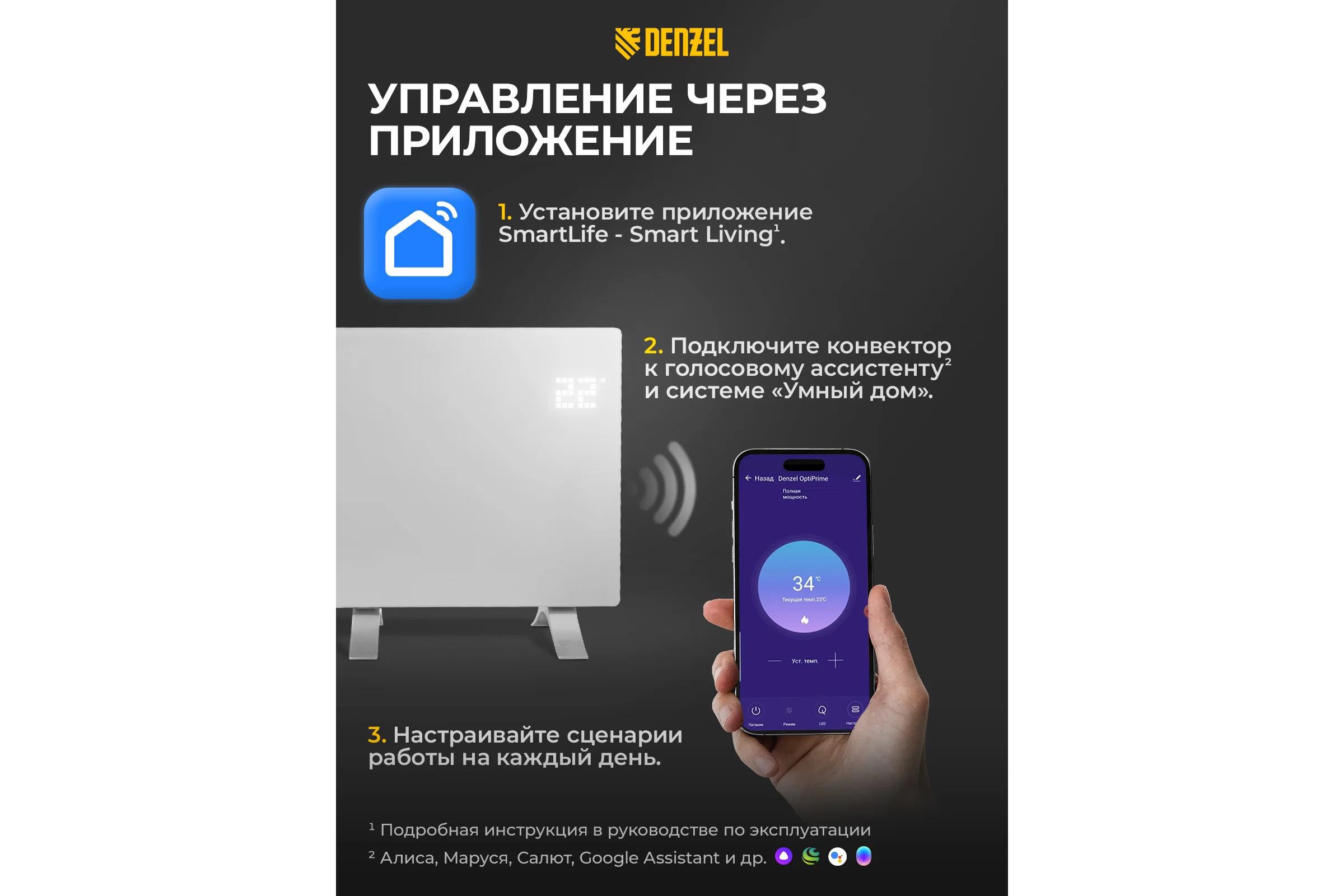Электрический конвектор Denzel optiprime-1000, wi-fi, тачскрин, цифровой термостат, 1000 вт 98121