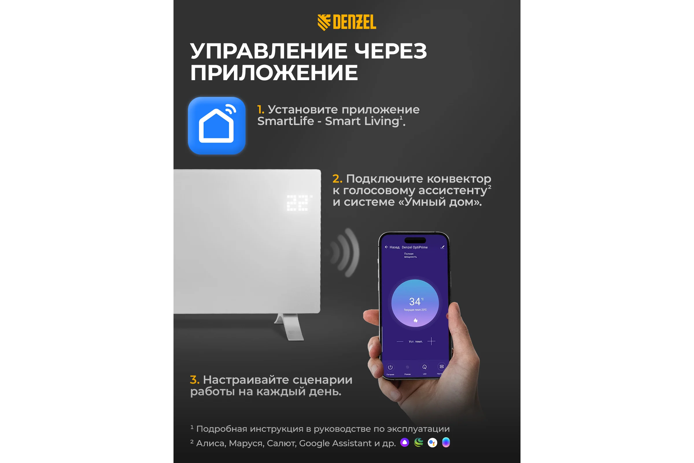 Электрический конвектор Denzel optiprime-1500, wi-fi, тачскрин, цифровой термостат, 1500 вт 98122