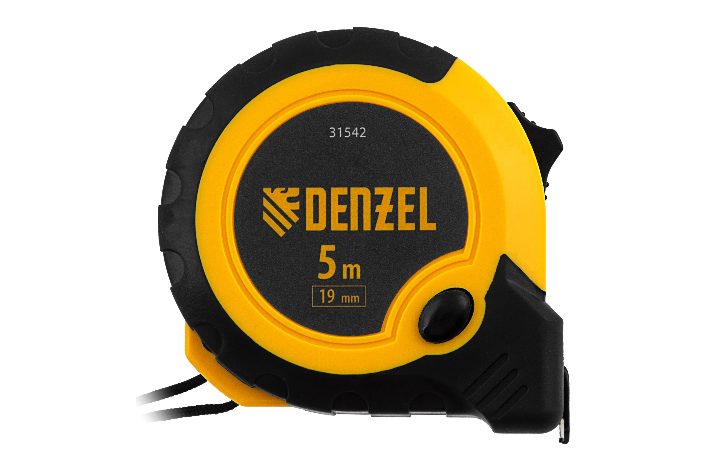 Рулетка Denzel 5 м, 19 мм, двухкомпонентный корпус, кнопка-пауза 31542