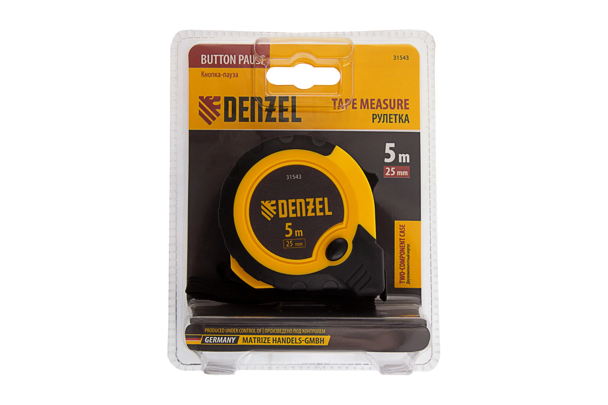 Рулетка Denzel 5 м, 25 мм, двухкомпонентный корпус, кнопка-пауза 31543