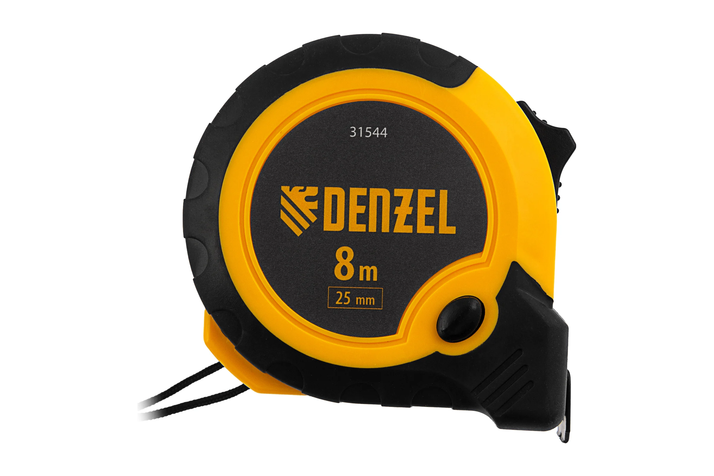 Рулетка Denzel 8 м, 25 мм, двухкомпонентный корпус, кнопка-пауза 31544
