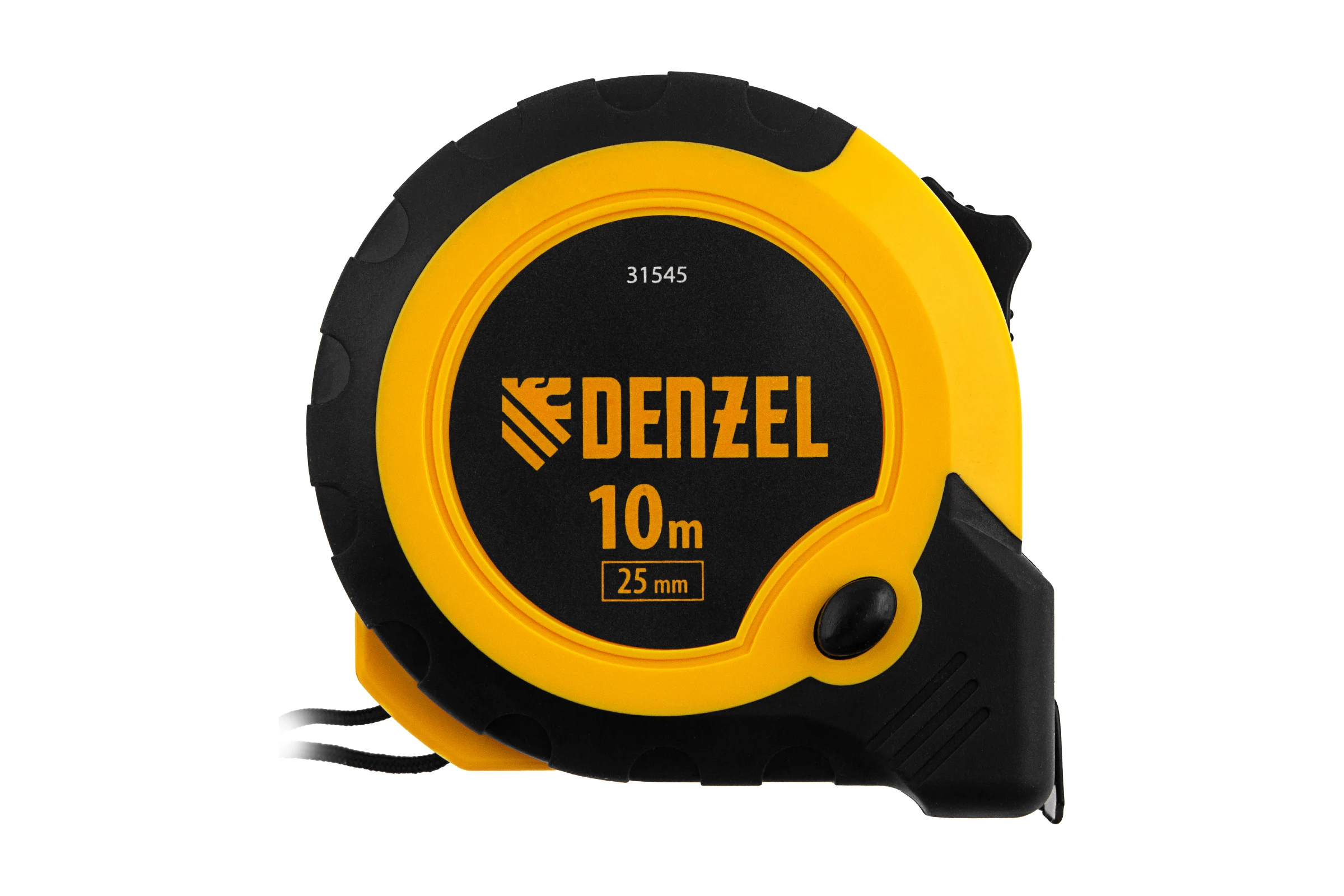 Рулетка Denzel 10 м, 25 мм, двухкомпонентный корпус, кнопка-пауза 31545