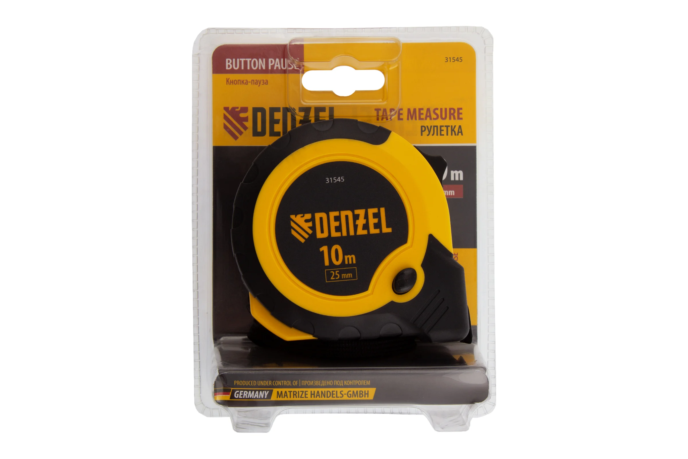 Рулетка Denzel 10 м, 25 мм, двухкомпонентный корпус, кнопка-пауза 31545