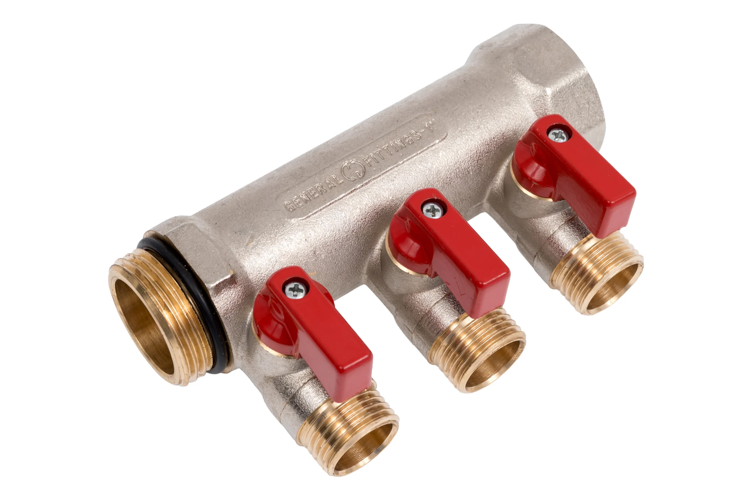 Коллектор с шаровыми кранами STOUT Smb 6210 011203 1", 3 отвода 1/2", красные ручки RG0091AACQLORH