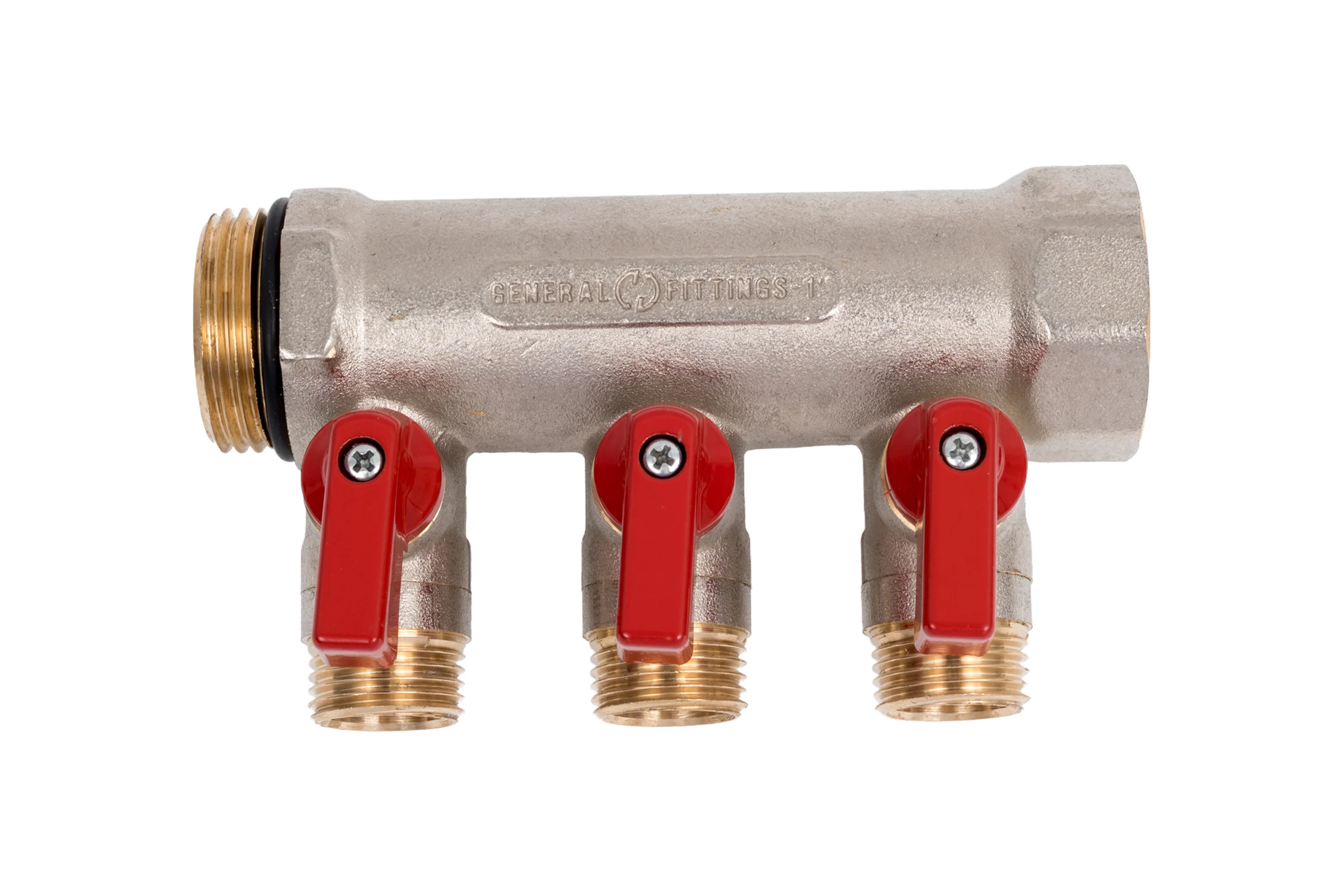 Коллектор с шаровыми кранами STOUT Smb 6210 011203 1", 3 отвода 1/2", красные ручки RG0091AACQLORH