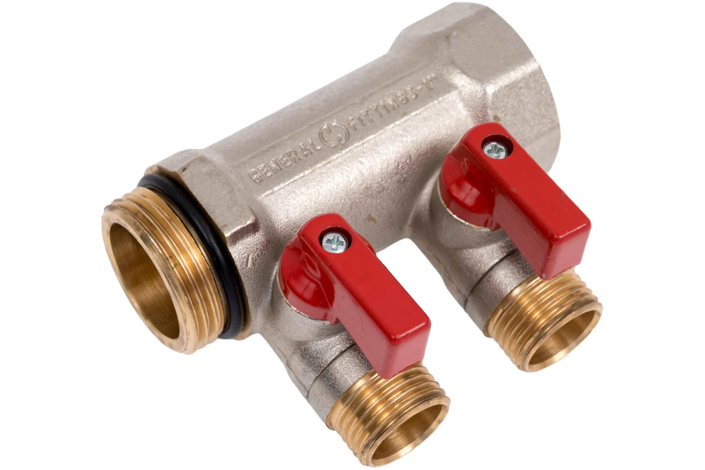 Коллектор с шаровыми кранами STOUT Smb 6210 011202 1", 2 отвода 1/2", красные ручки RG0091AACQKOJF