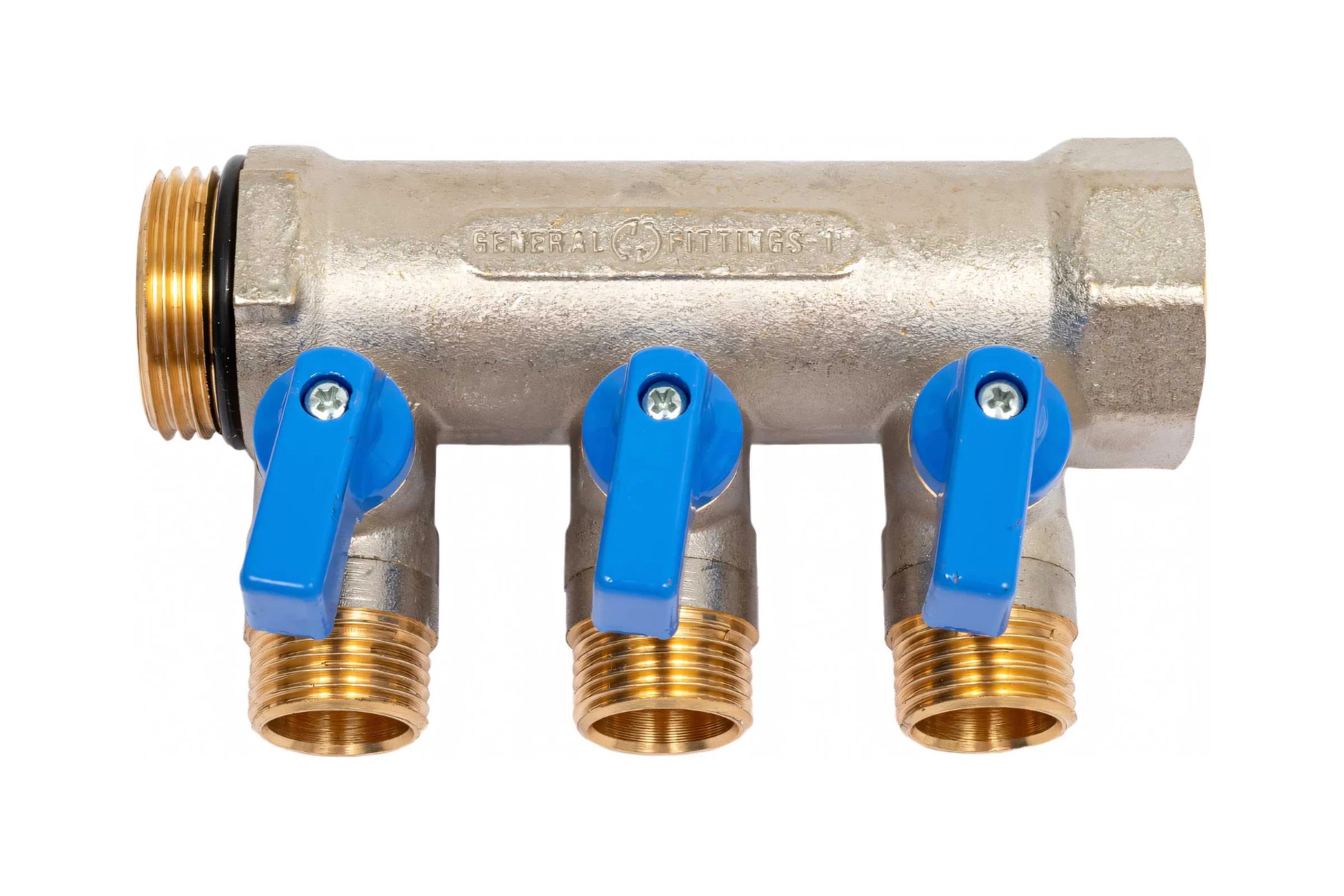 Коллектор с шаровыми кранами STOUT Smb 6211 011203 1", 3 отвода 1/2", синие ручки RG0091AACQMBJO