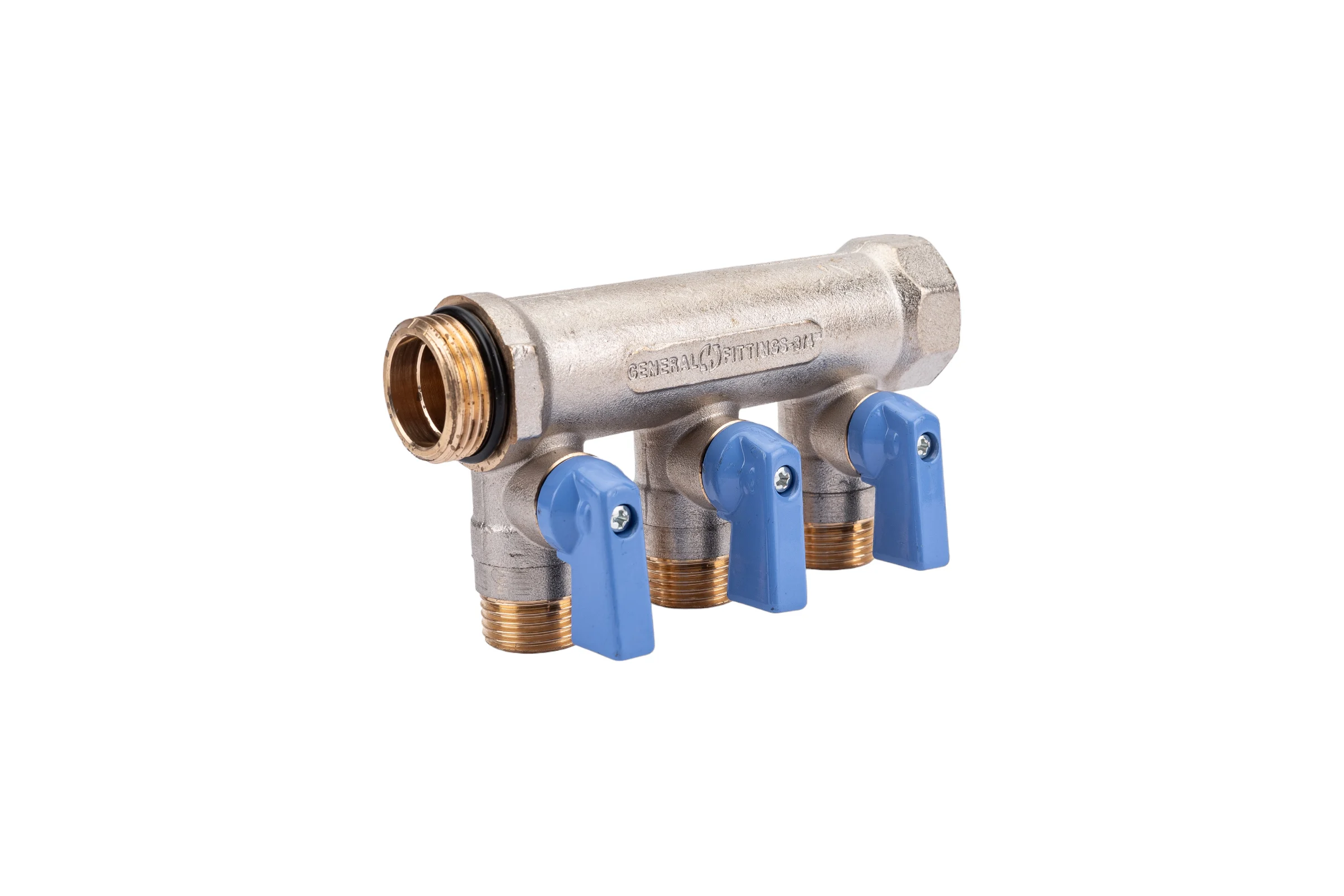Коллектор с шаровыми кранами STOUT Smb 6211 341203 3/4", 3 отвода 1/2", синие ручки RG0091AACQML3R