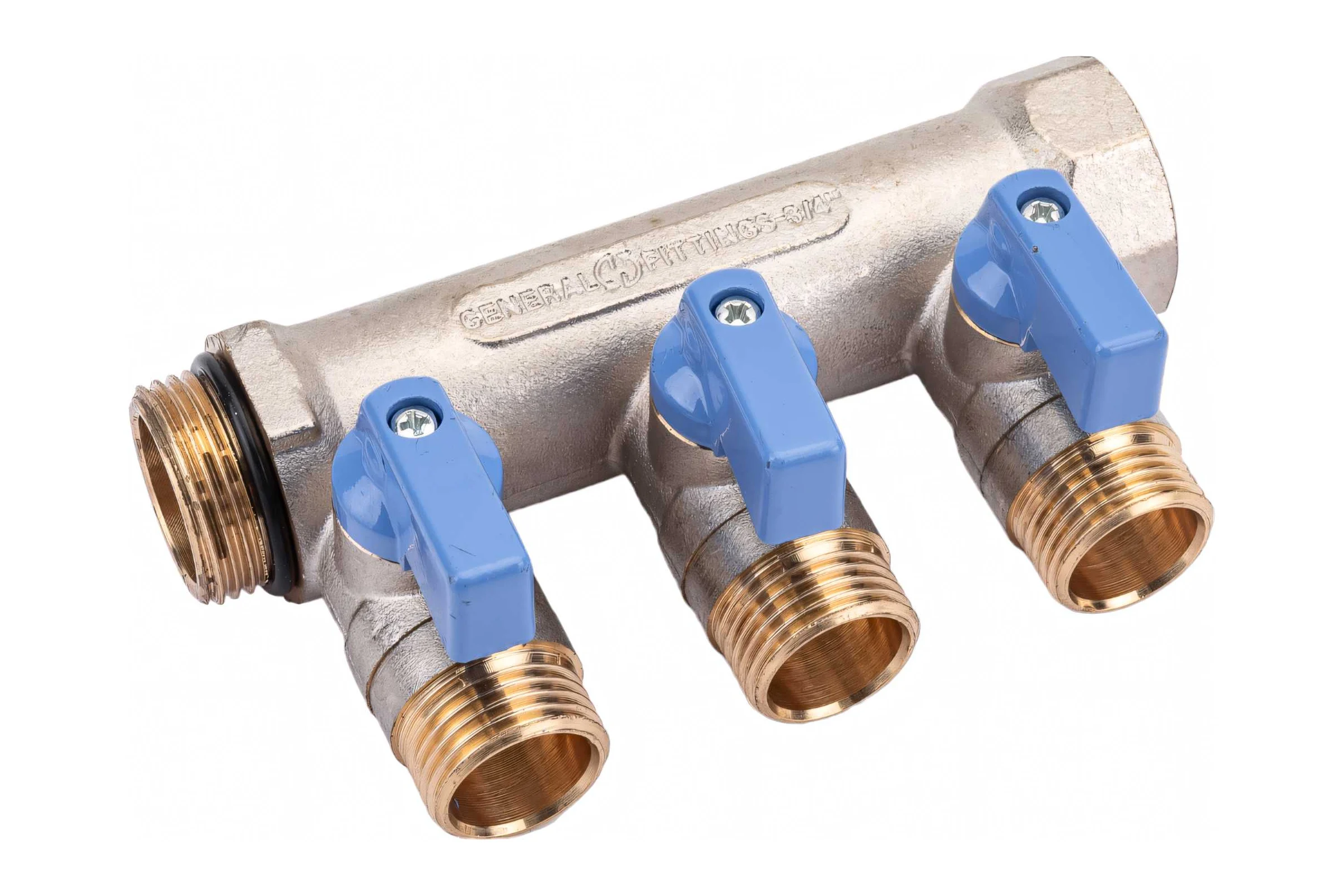 Коллектор с шаровыми кранами STOUT Smb 6211 341203 3/4", 3 отвода 1/2", синие ручки RG0091AACQML3R