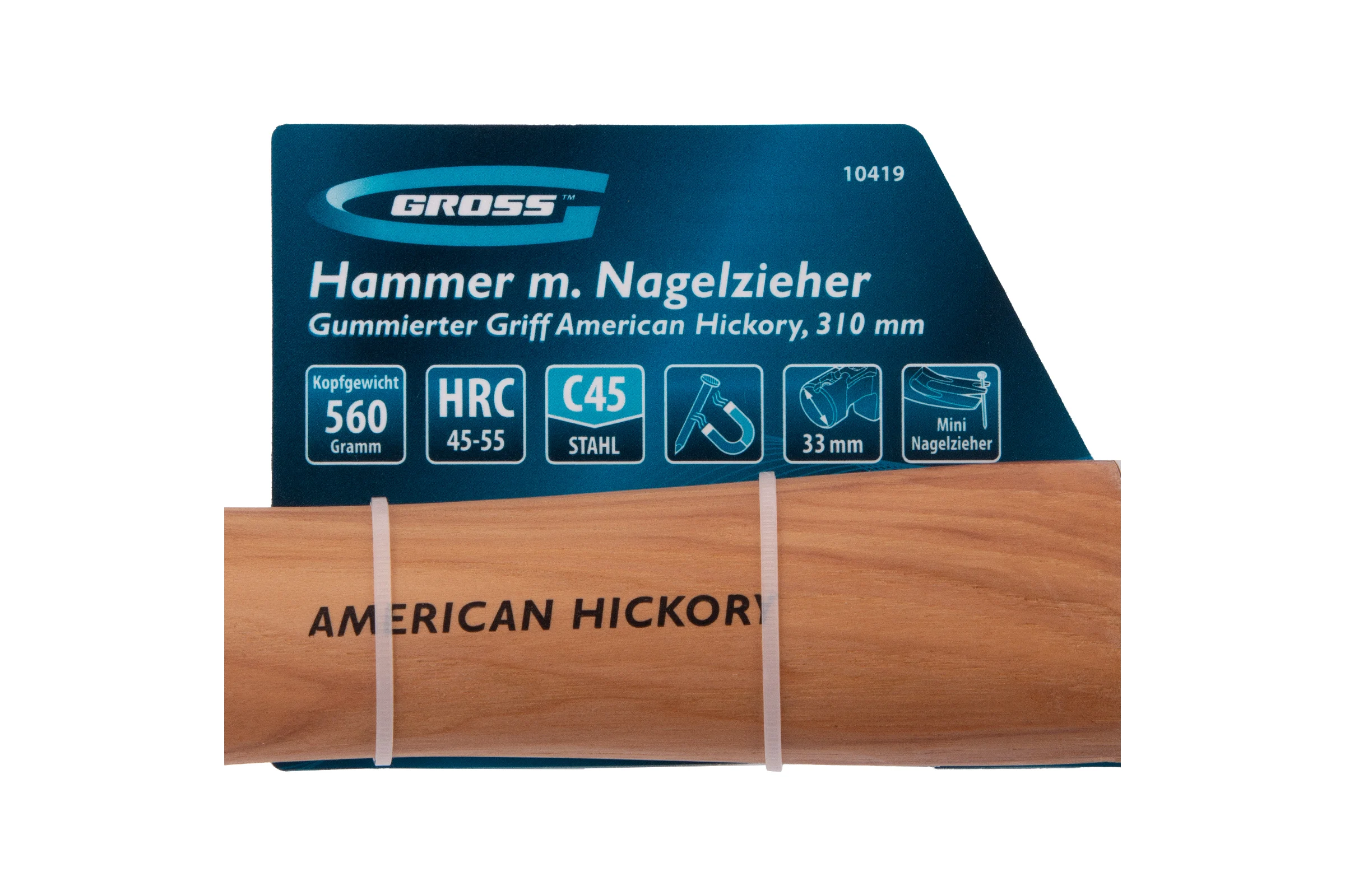 Молоток-гвоздодер GROSS 560 г, угол 75, магнит, обрезиненная рукоятка american hickory 10419