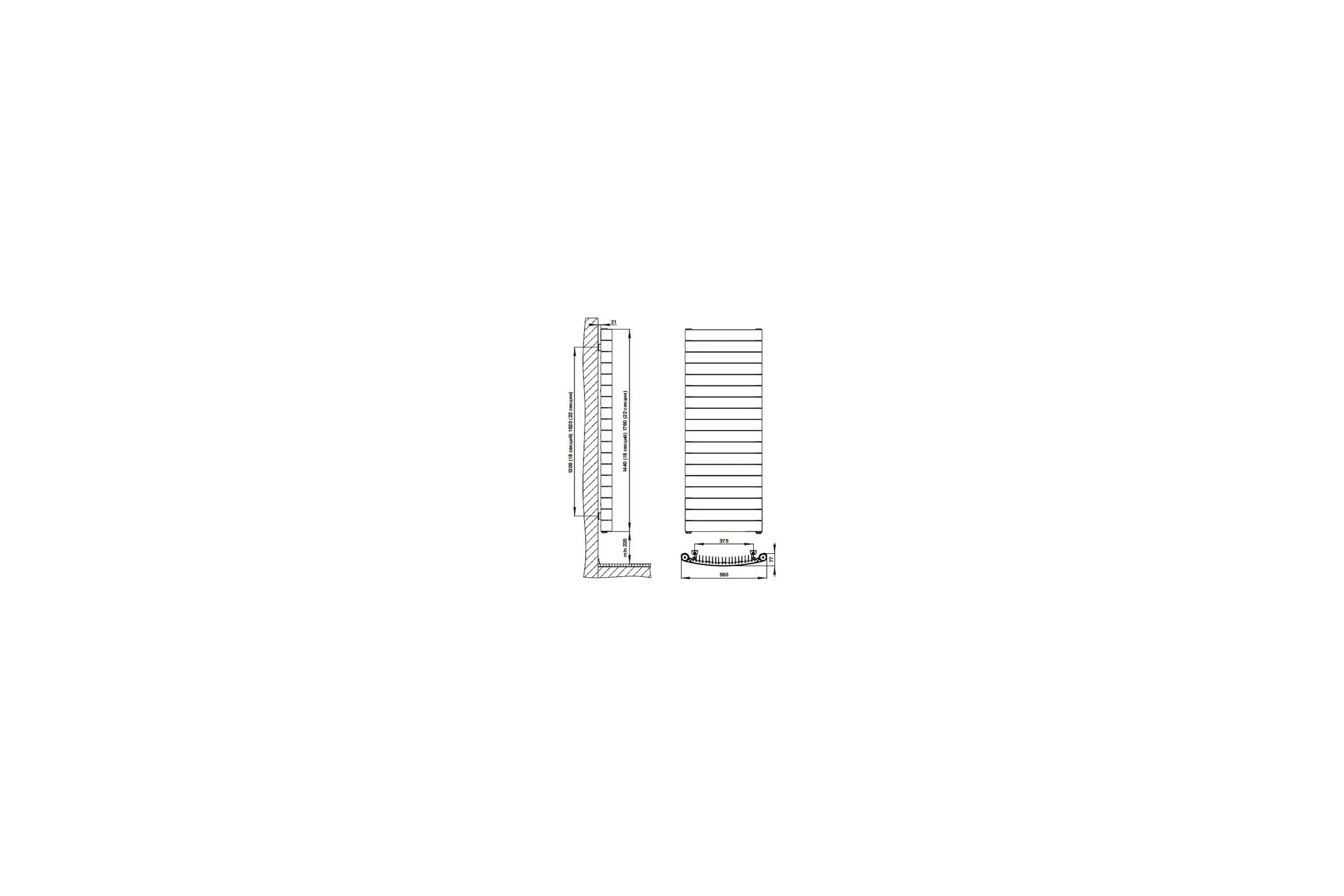 Биметаллический радиатор RIFAR CONVEX Ventil 500 Титан 22 секц. нижн. R-CV-500-22-V-TI
