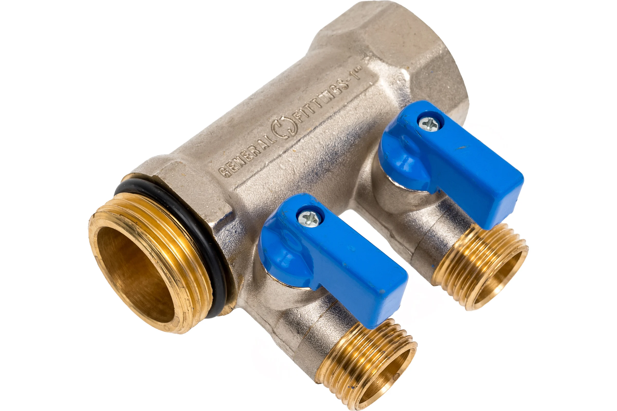 Коллектор с шаровыми кранами STOUT Smb 6211 011202 1", 2 отвода 1/2", синие ручки RG0091AACQM73N